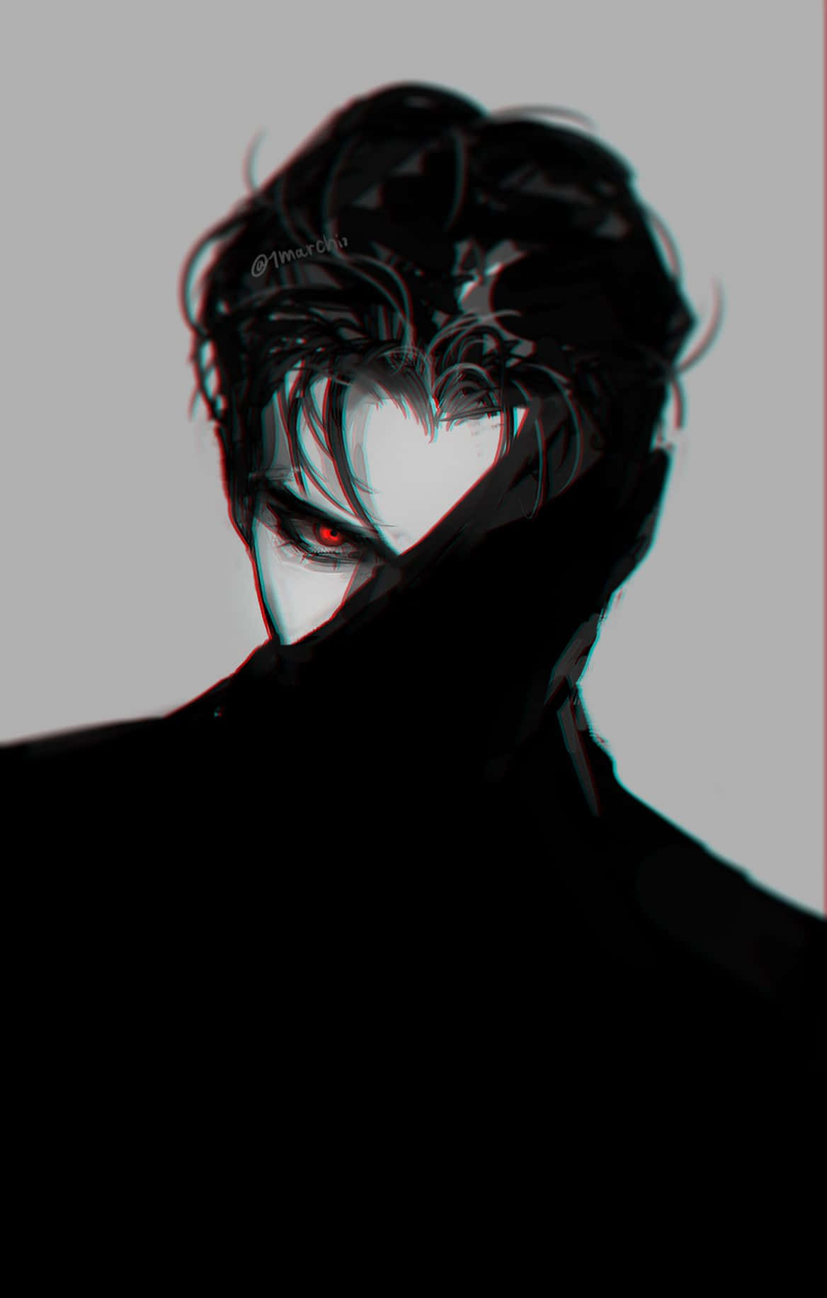 Vampire Aesthetic 桌布 壁紙 — 灰色背景上，一個黑髮動漫男性，紅眼睛發光，部分被陰影遮蓋。