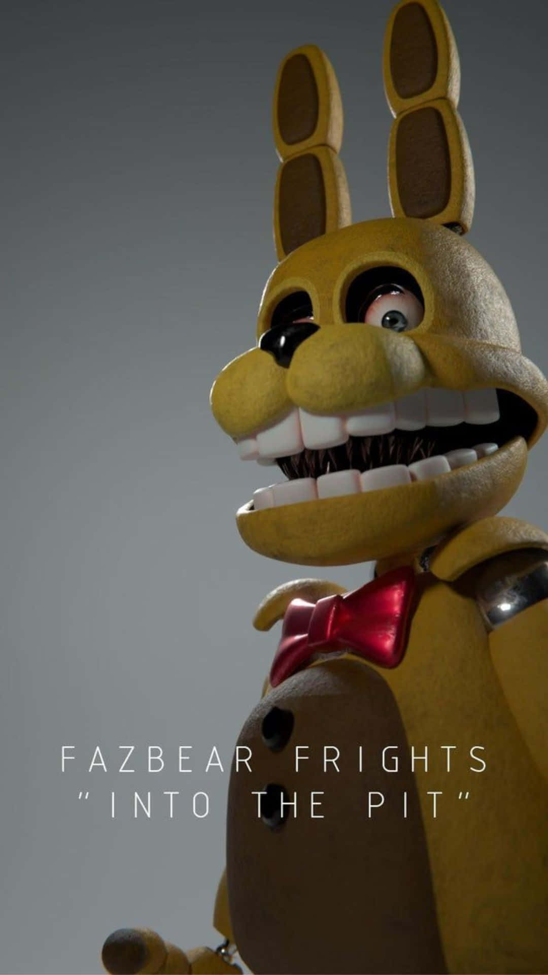 Fazbear Frights 桌布 壁紙 — 灰色背景上，一隻黃色電子機械兔子的特寫，露出寬闊的牙齒笑容和紅色蝴蝶結。