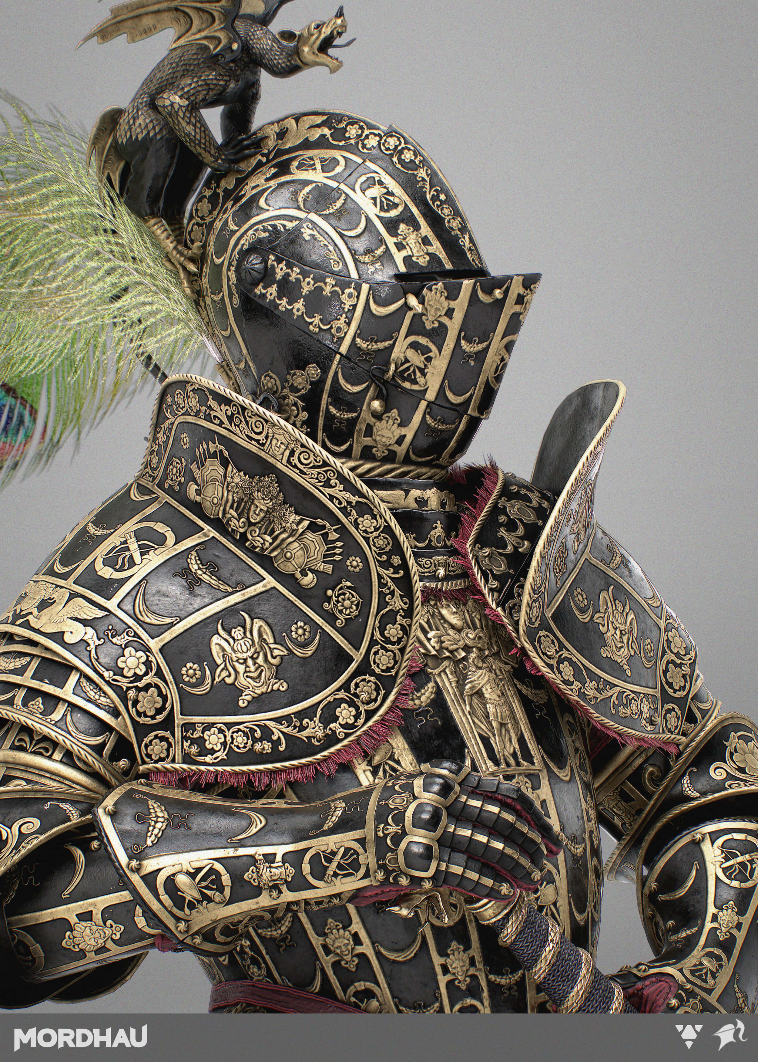 Mordhau 桌布 壁紙 — 灰色背景上，帶有龍圖案和羽毛裝飾的華麗黑金中世紀盔甲特寫。
