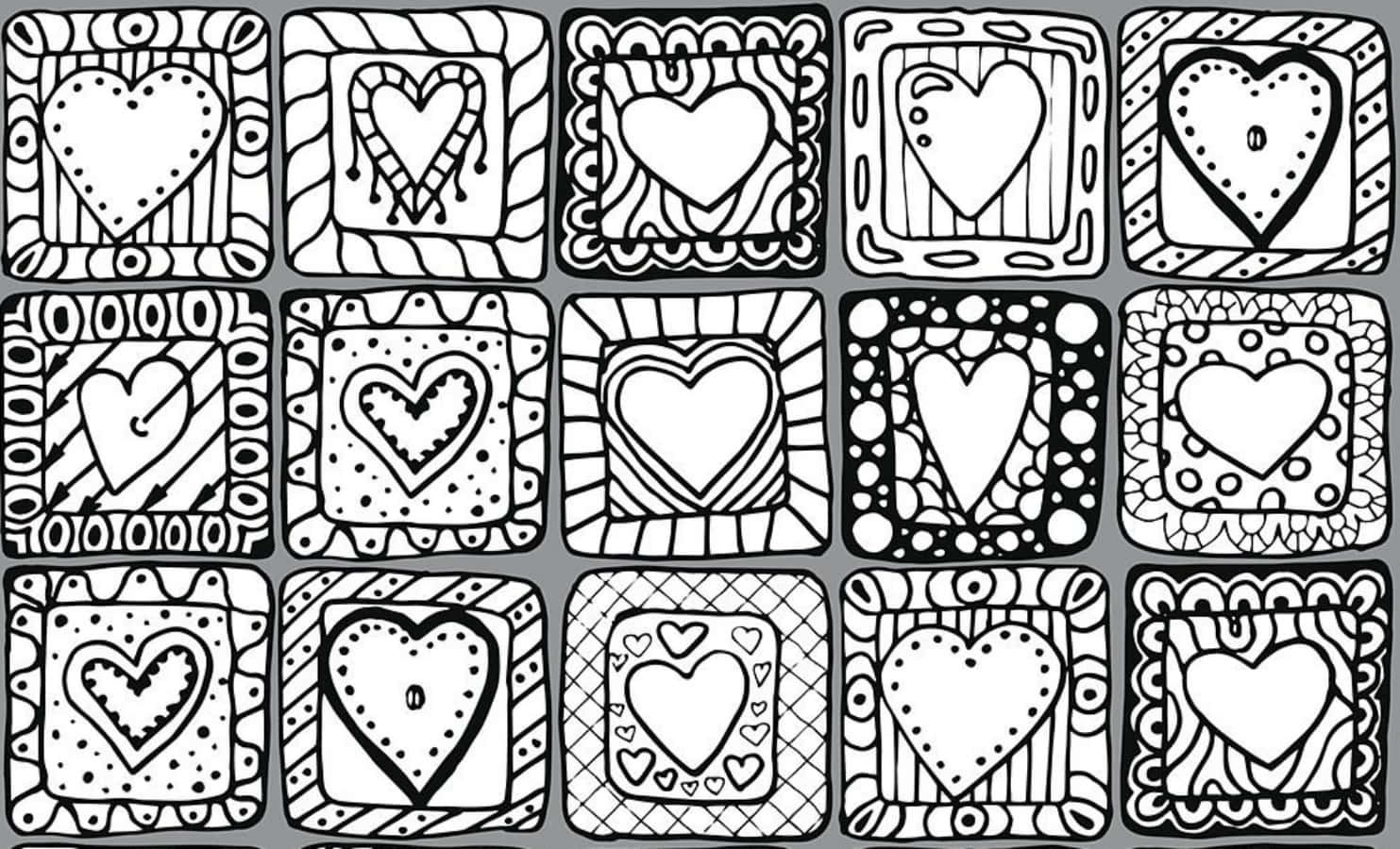 Heart Doodle 桌布 壁紙 — 灰色背景上，裝飾性正方形框架內有十二個黑白塗鴉心形圖案的網格。
