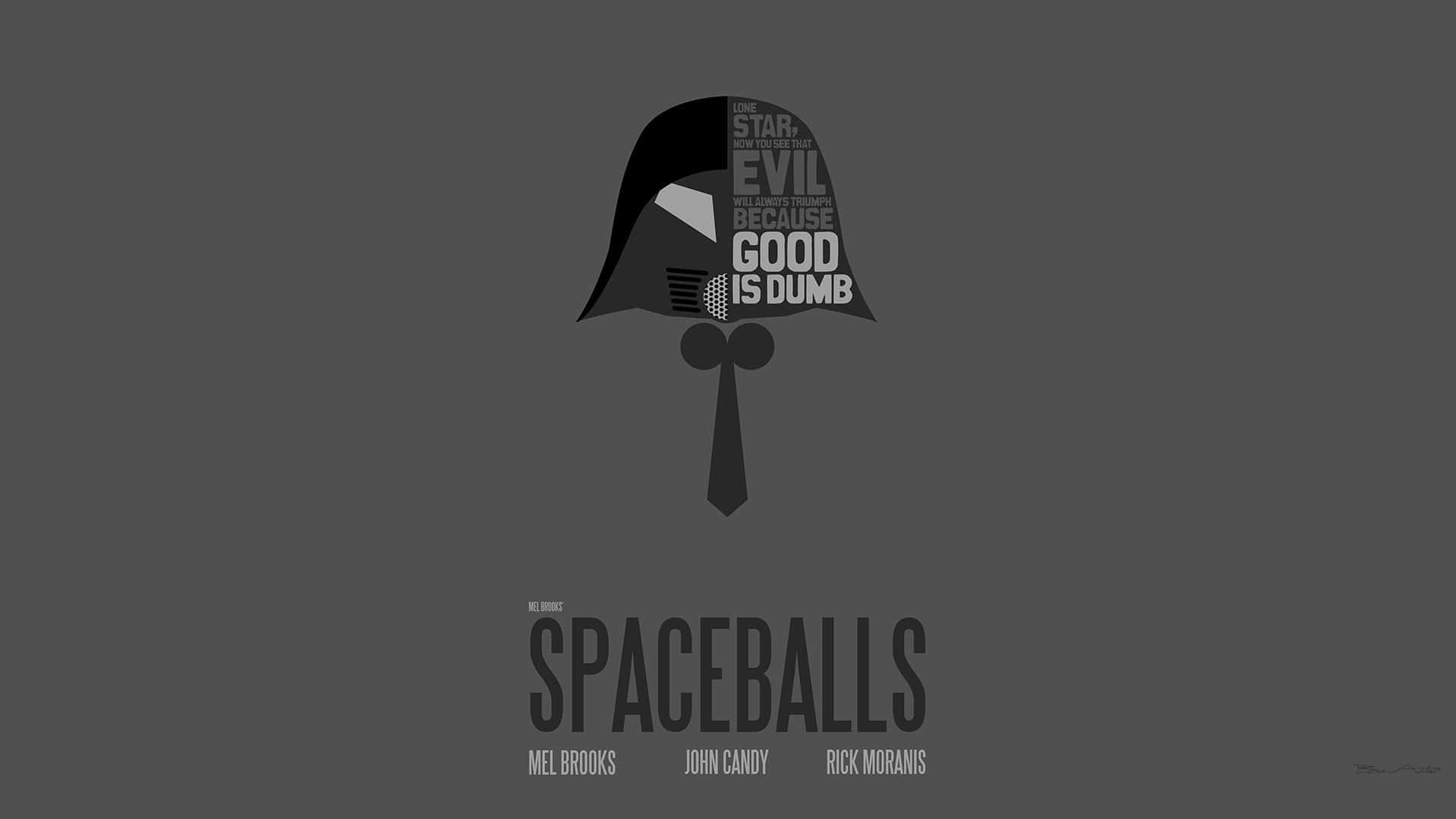 spaceballs 桌布 壁紙 — 灰色背景上充滿《太空球》文字的達斯維達頭盔極簡圖形。