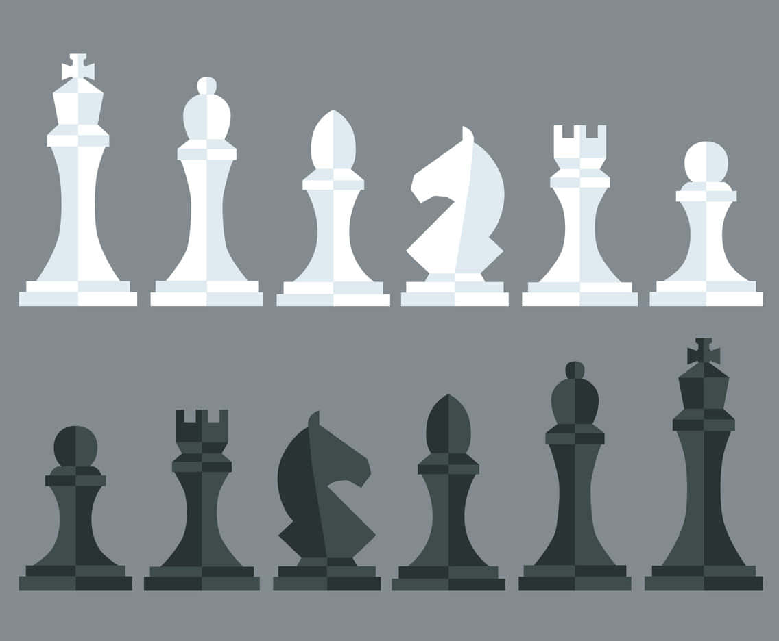 Black And White Chess 桌布 壁紙 — 灰色背景上兩排白色和黑色西洋棋棋子的極簡平面設計。