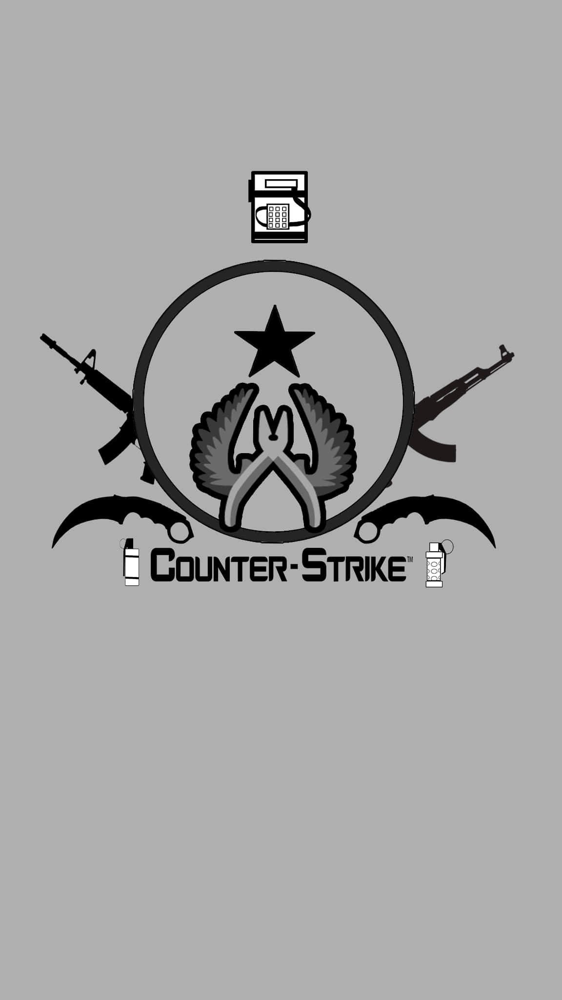 iPhone Xs Max Counter-strike Global Offensive 桌布 壁紙 — 灰色背景上帶有交叉步槍、星星和手榴彈的黑白 Counter-Strike 標誌。