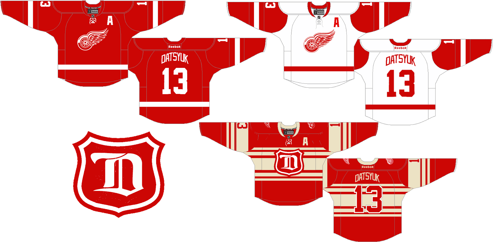 Jersey 桌布 壁紙 — 灰色背景上底特律紅翼冰球球衣（附Datsyuk 13及球隊標誌）的平鋪展示。