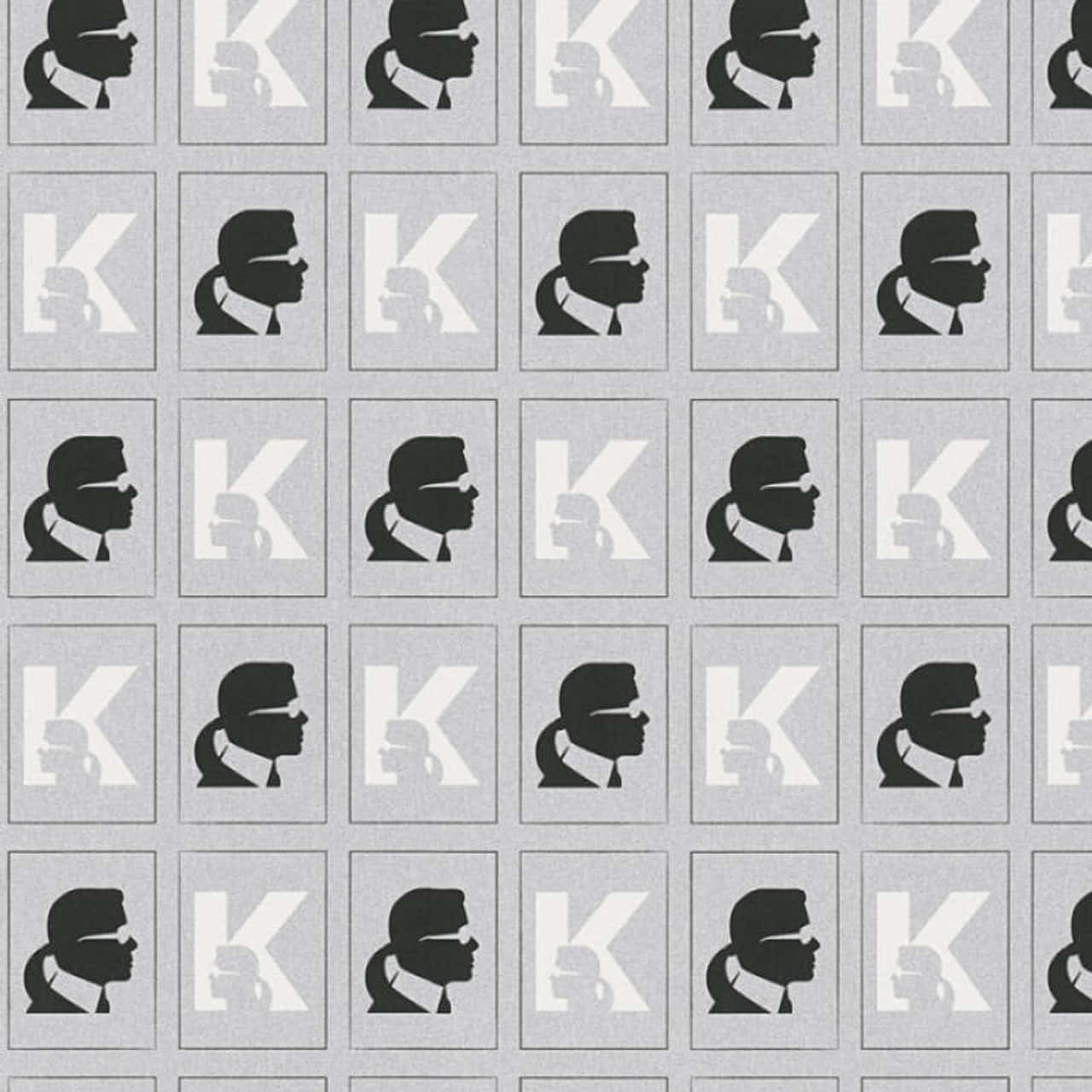 Karl Lagerfeld 桌布 壁紙 — 灰色背景上白色方框內黑色男性側面剪影與「K」字母形狀的重複圖案。