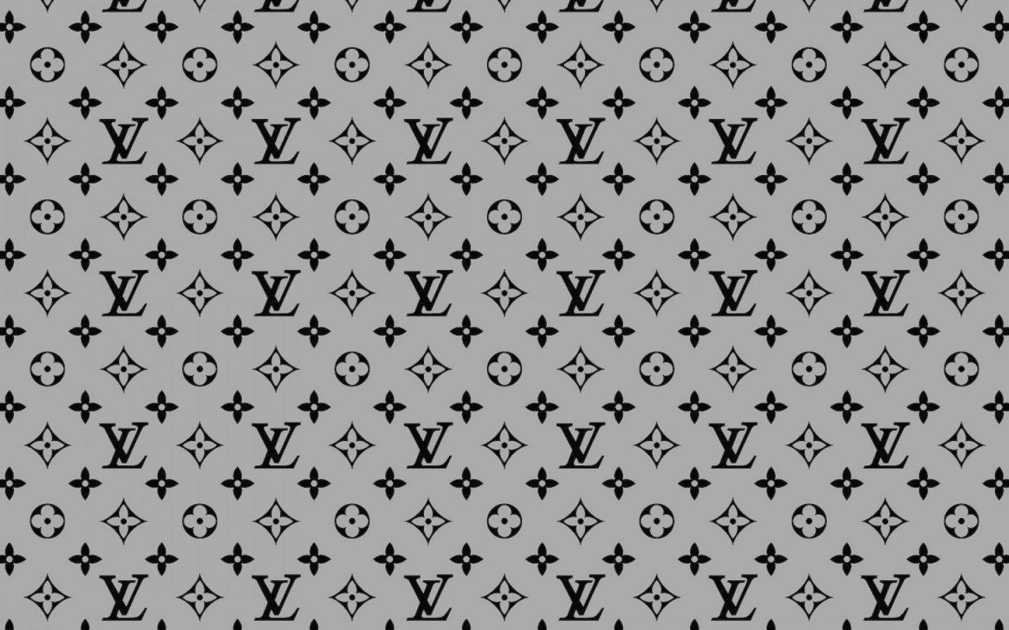 路易威登 桌布 壁紙 — 灰色背景上重複的 Louis Vuitton 標誌和花卉圖案的單色圖案。
