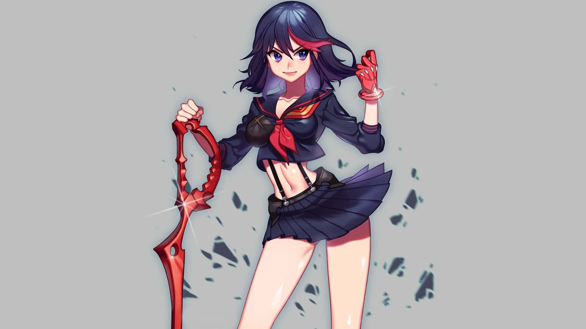ryuko matoi 桌布 壁紙 — 灰色背景中，一位黑髮帶紅色點綴的動漫女孩揮舞著一把發光的紅色劍。