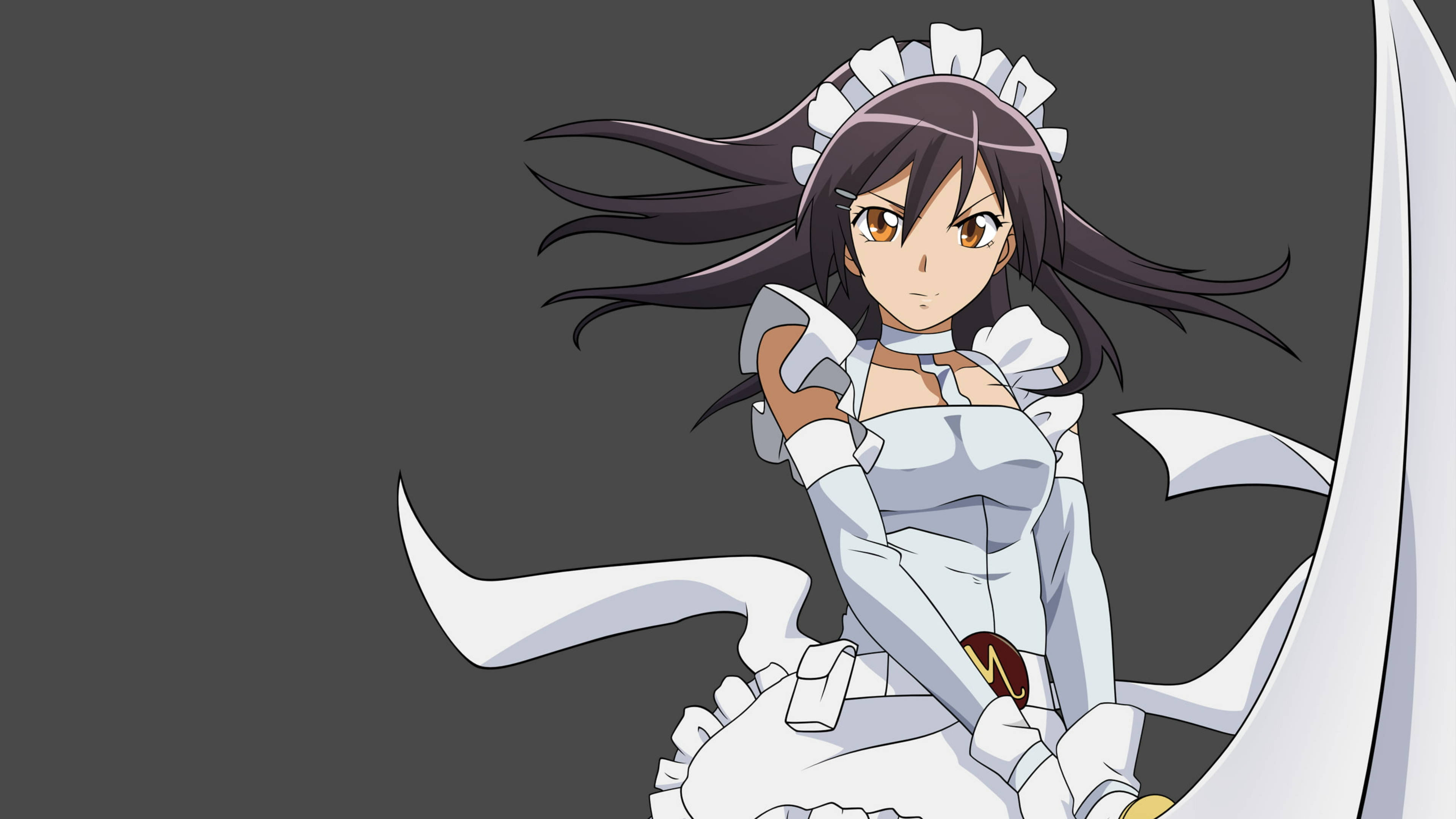 Maid Sama 桌布 壁紙 — 灰色背景前，身穿白色女僕裝、飄逸黑髮、表情堅定的動漫女孩。