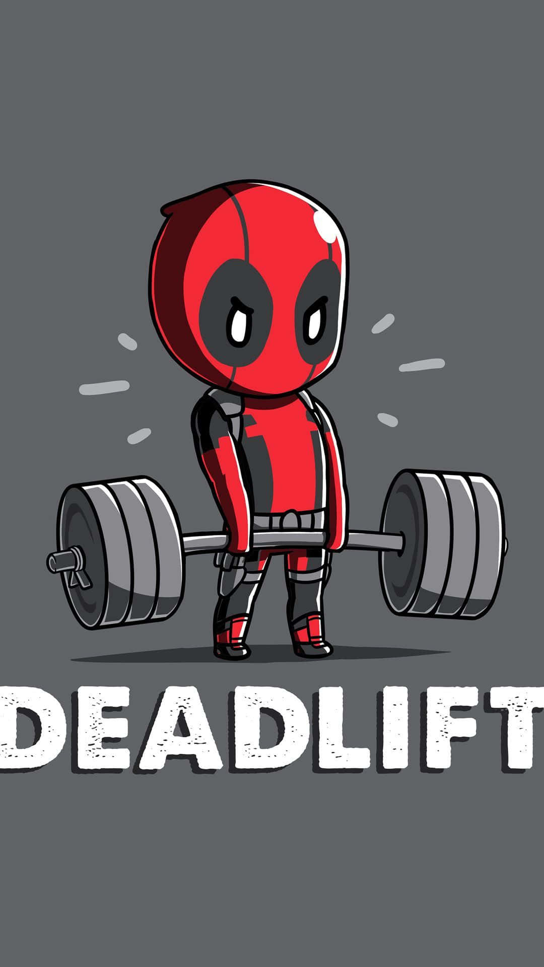 Cute Workout 桌布 壁紙 — 灰色背景前，身穿紅色戰衣的Q版死侍以堅定的眼神舉起槓鈴。