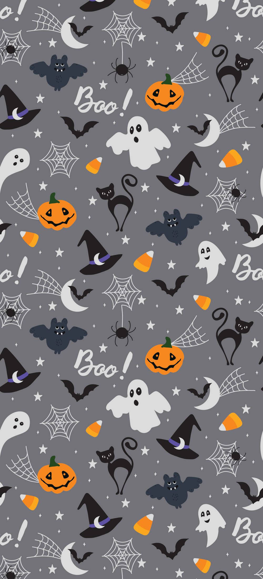 Halloween Phone 桌布 壁紙 — 灰色萬聖節壁紙圖案，表面散佈著鬼魂、蝙蝠、南瓜、女巫帽和糖果玉米。