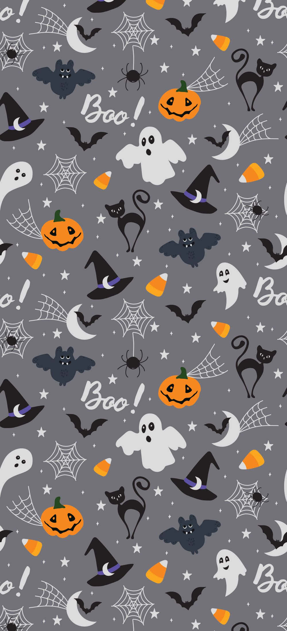 iPhone Cute Halloween 桌布 壁紙 — 灰色萬聖節壁紙圖案，表面散落著幽靈、蝙蝠、南瓜和女巫帽。