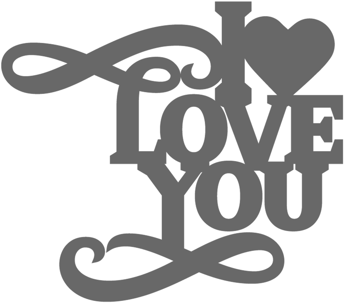 Love Black And White 桌布 壁紙 — 灰色裝飾性「我愛你」文字，帶有心形和無限符號，黑色背景。
