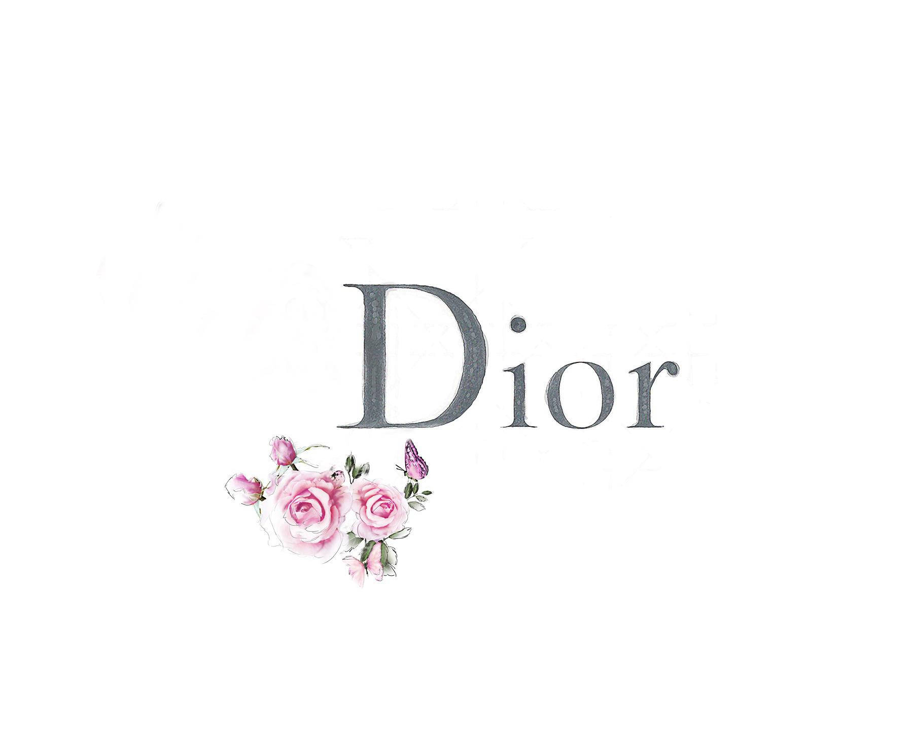Dior 動態 桌布 壁紙 — 灰色襯線字體的Dior標誌，飾以精緻的粉紅玫瑰和蝴蝶，背景為純白色。