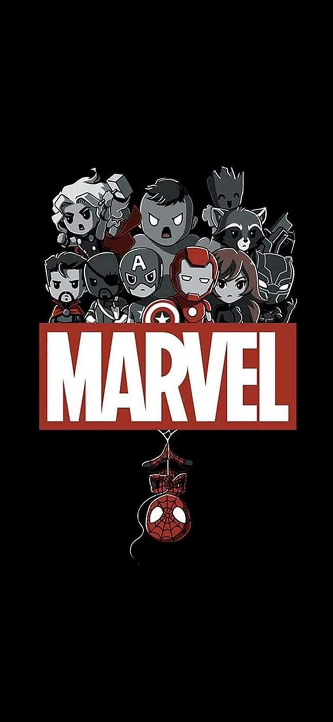 超級英雄 桌布 壁紙 — 灰色調的Q版Marvel超級英雄聚集在紅色Marvel標誌周圍，蜘蛛人懸掛在下方。