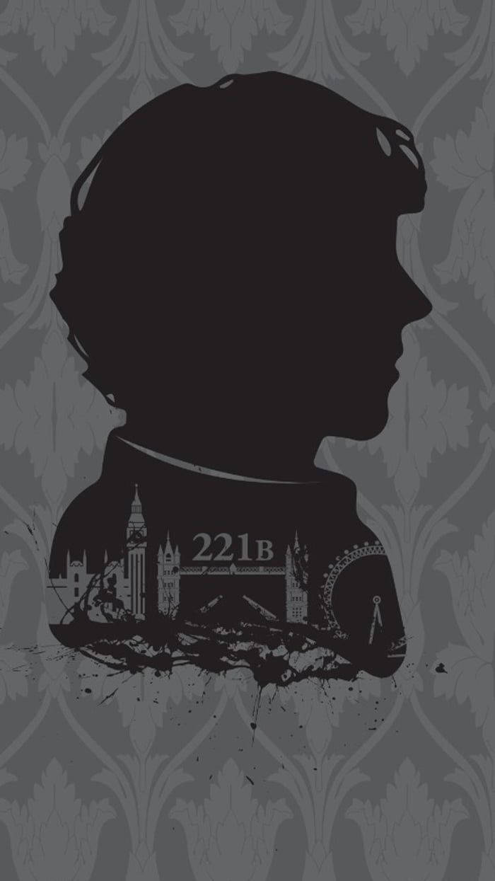 Sherlock Holmes 桌布 壁紙 — 灰色錦緞壁紙背景上，福爾摩斯的剪影，其軀幹內有倫敦地標和「221B」文字。