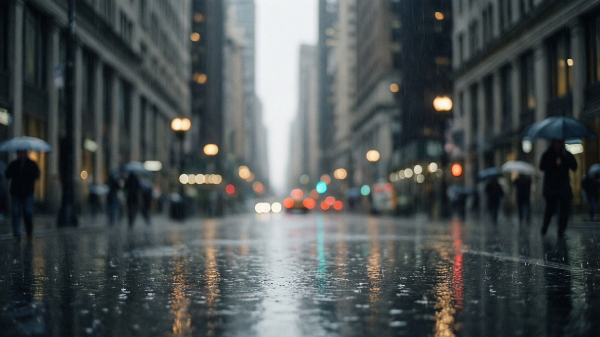 灰色雨中城市 壁紙 — 黃昏時分被雨水浸濕的城市街道，模糊的行人撐著雨傘，發光的交通燈在濕漉漉的路面上反射。