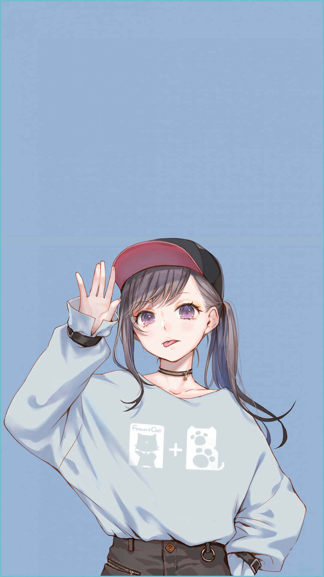 手機 桌布 壁紙 — 灰色頭髮、戴紅色帽子的動漫女孩在純藍色背景上愉快地揮手。