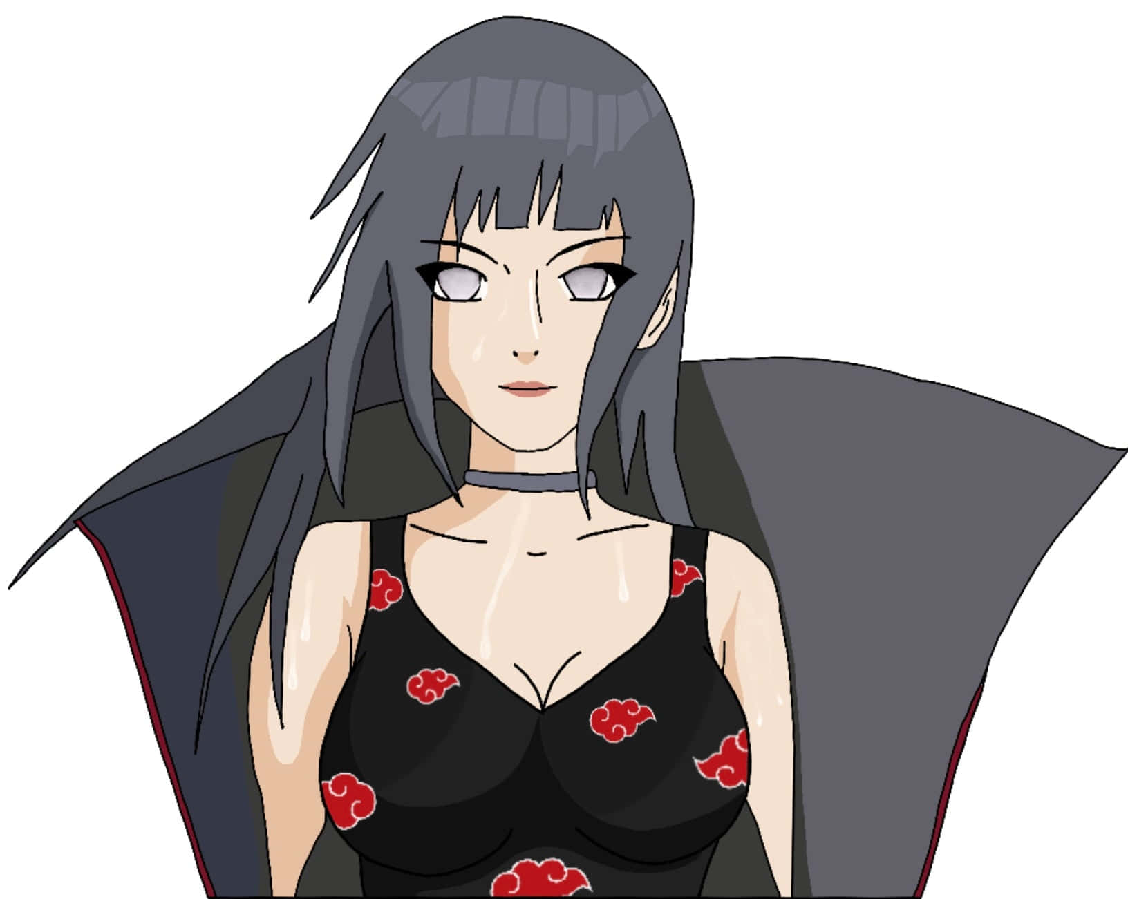 Akatsuki Hinata 桌布 壁紙 — 灰色頭髮、紅色雲紋黑色上衣、外披深色斗篷的動漫女孩。
