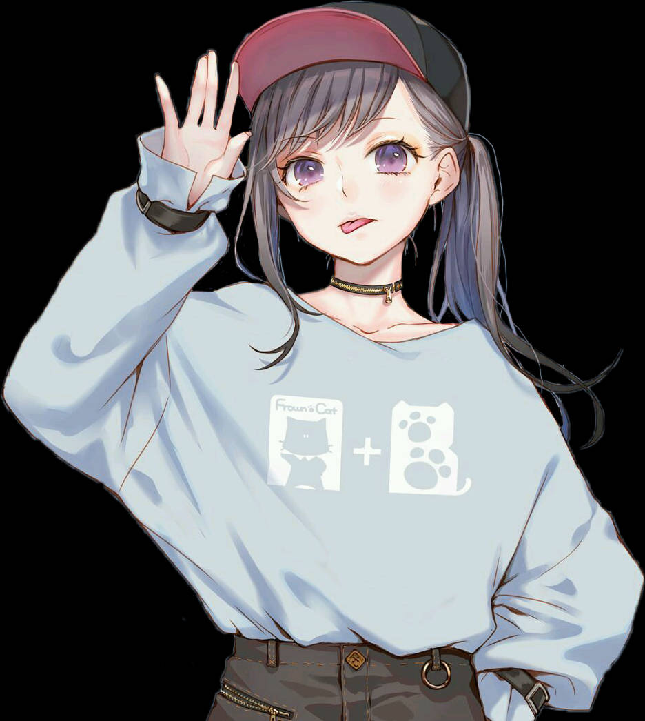 Cute Tomboy 桌布 壁紙 — 灰色頭髮和紫色眼睛的動漫女孩戴著帽子和淺藍色運動衫，愉快地揮手。