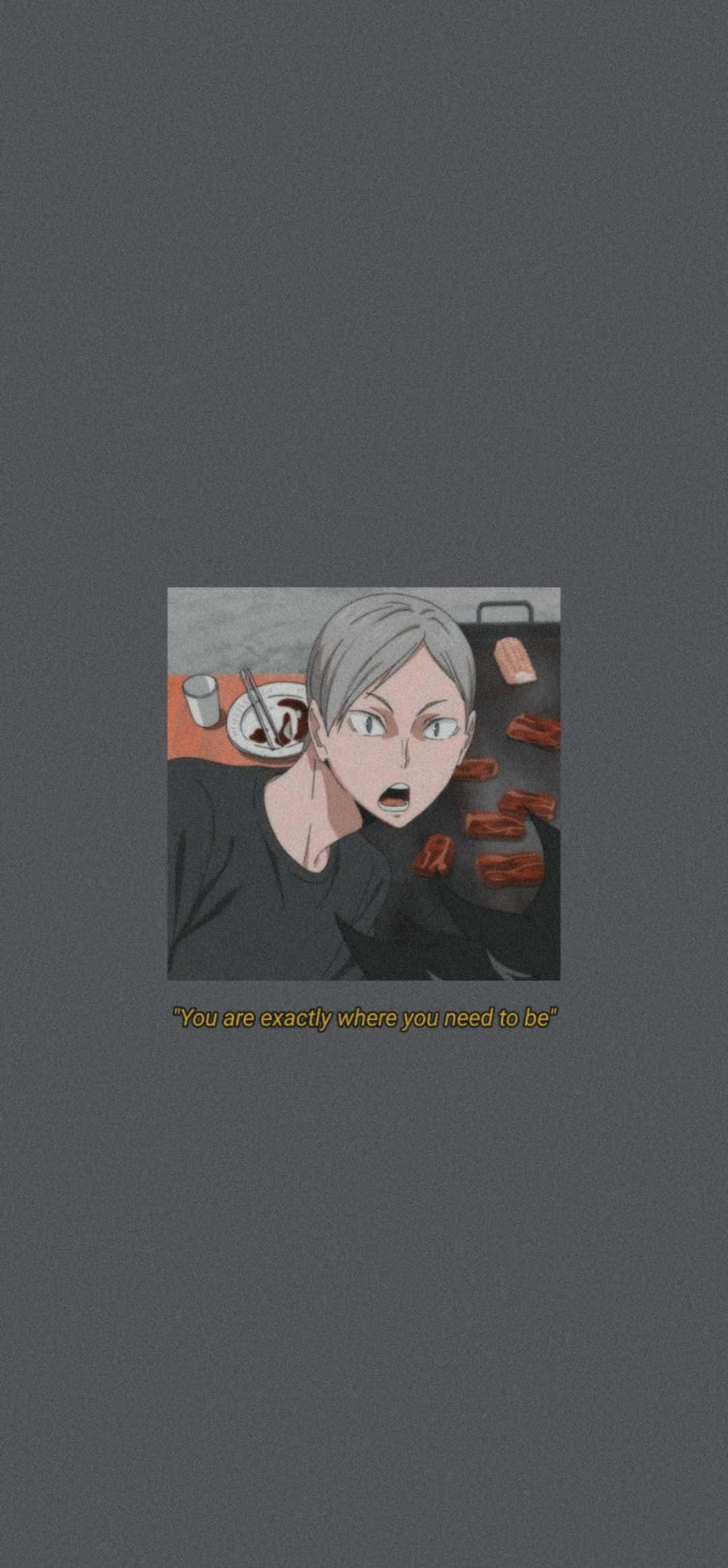 Lev Haiba 桌布 壁紙 — 灰色頭髮的動漫角色坐在一張散落食物的桌子旁，下方有一句引言，背景為深灰色。