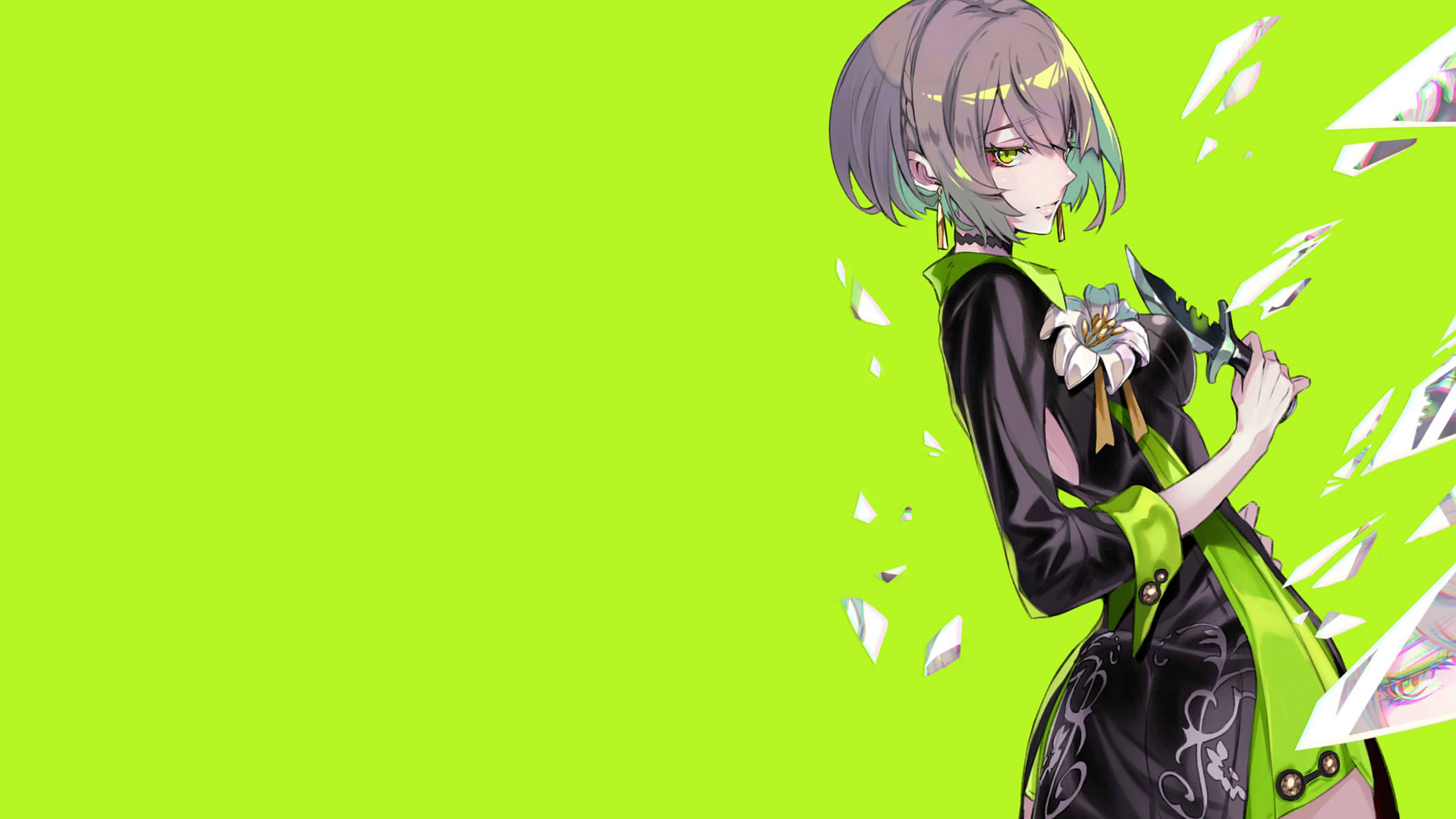 Green Anime 桌布 壁紙 — 灰色頭髮綠色眼睛的動漫女孩，在明亮的綠色背景前，手持匕首，周圍玻璃碎片四濺。