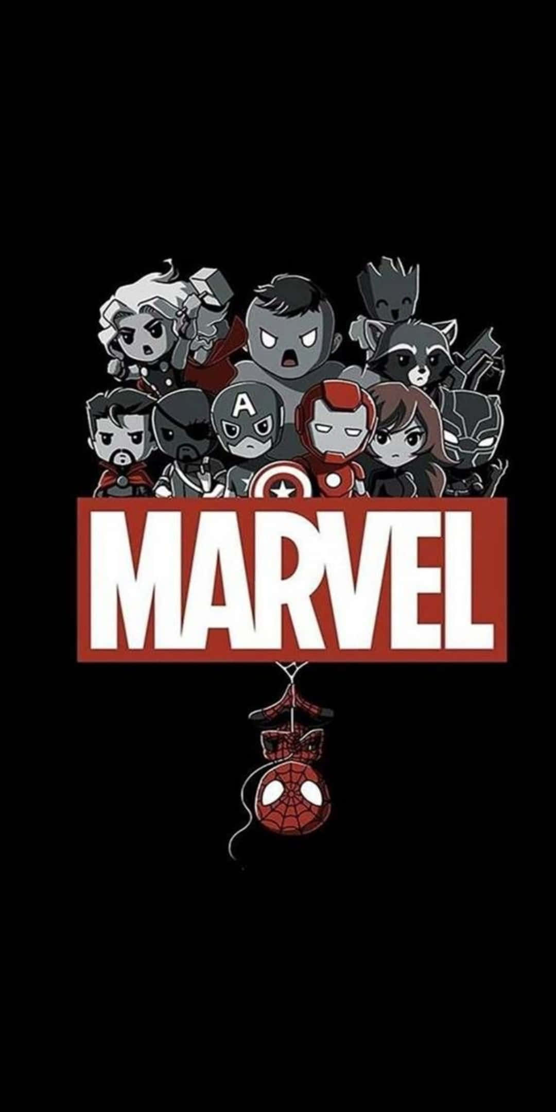 復仇者聯盟 桌布 壁紙 — 灰階的Chibi Marvel超級英雄聚集在紅色Marvel標誌周圍，下方懸掛著蜘蛛人面具。