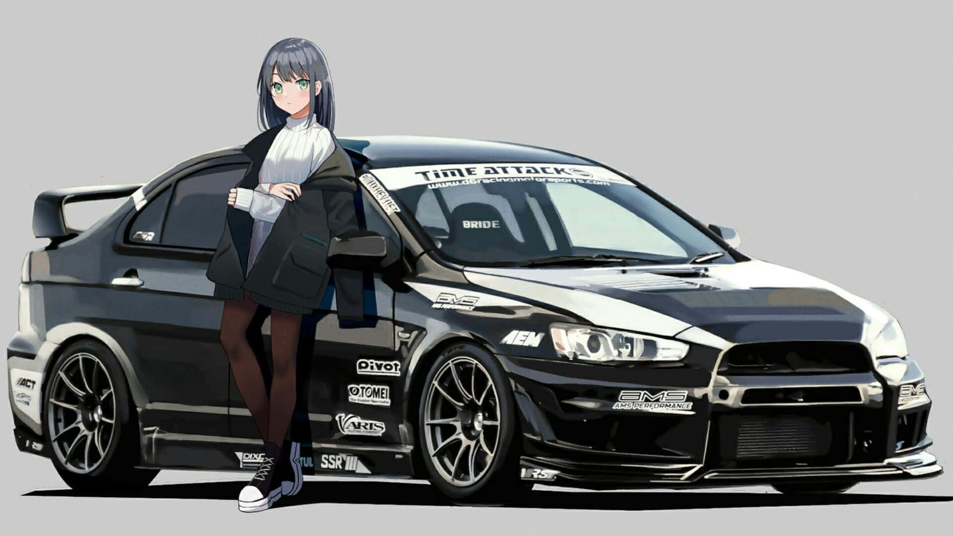 動漫女孩 桌布 壁紙 — 灰髮動漫女孩自信地站在黑白改裝的三菱Lancer Evolution賽車旁。