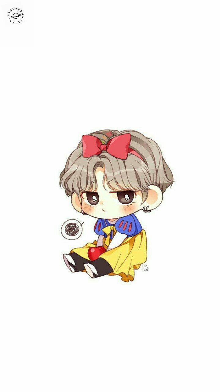 BTS 桌布 壁紙 — 灰髮紅蝴蝶結的Q版白雪公主坐在純白背景前，手持蘋果和毒杯。