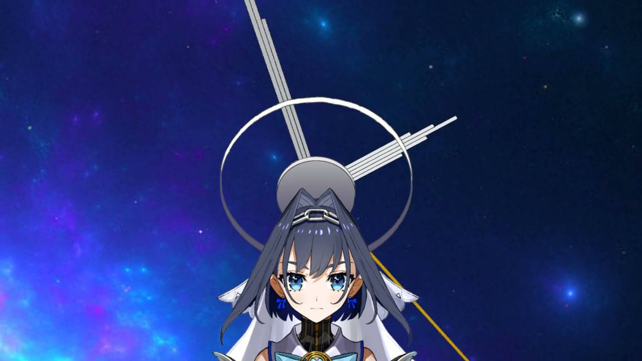 時鐘 桌布 壁紙 — 灰髮藍眼動漫女孩站在宇宙星雲前，手持發光劍。