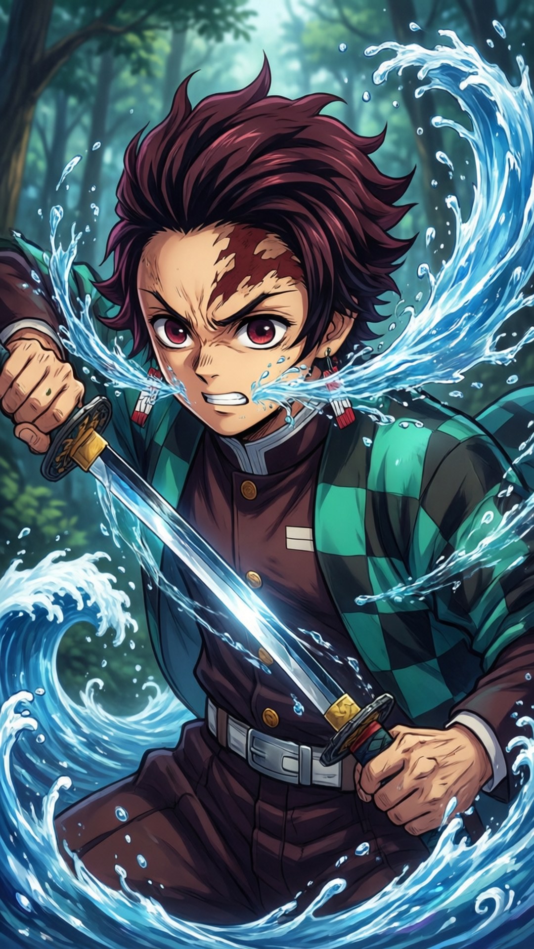 炭治郎水之呼吸 壁紙 — 一位擁有紅髮紅眼的兇猛動漫戰士，在迷霧森林中揮舞著一把被動態藍色水流環繞的發光劍。