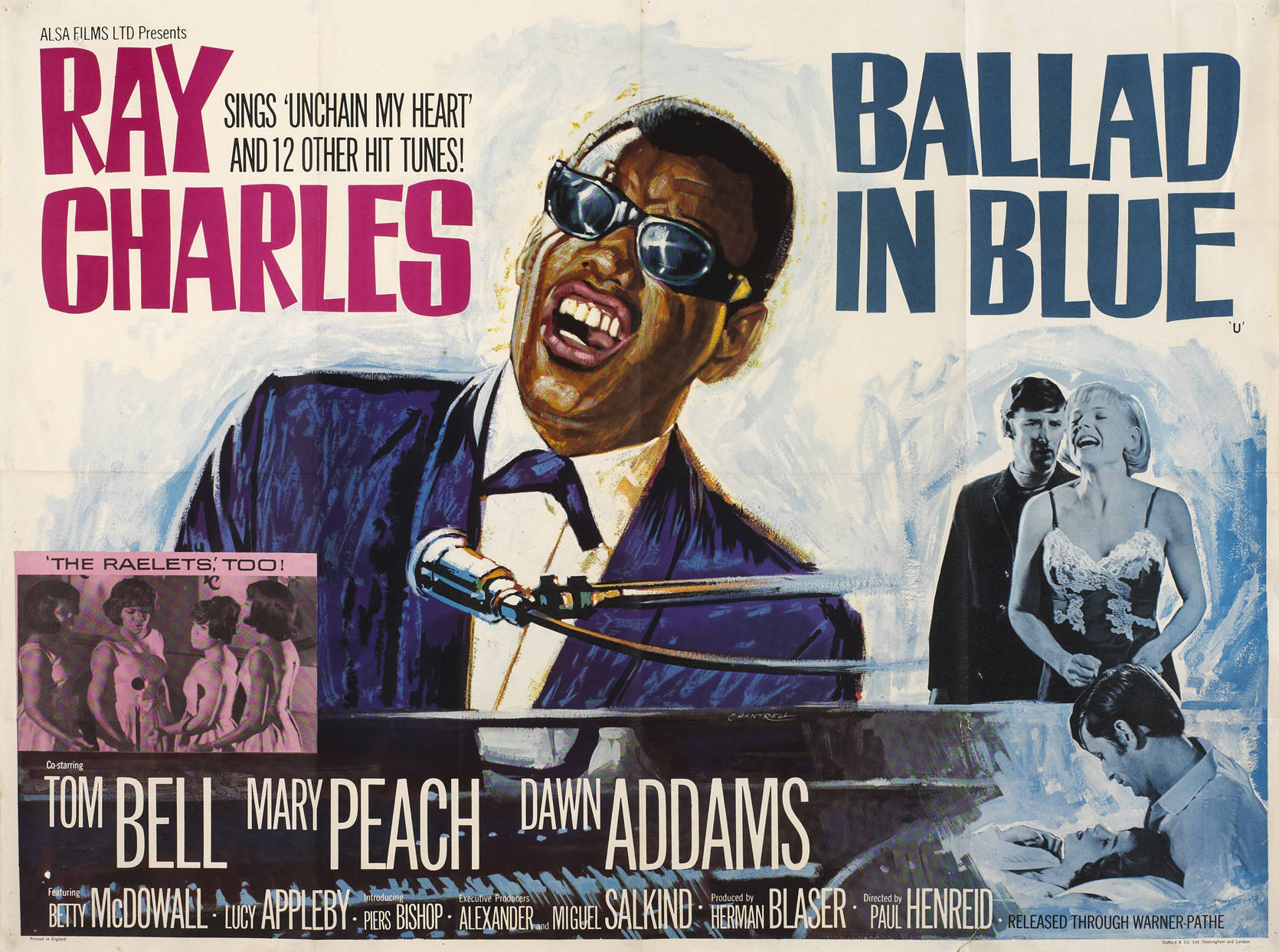 電影動圖 桌布 壁紙 — 為《Ballad in Blue》設計的充滿活力的復古電影海報， featuring Ray Charles 在鋼琴前熱情演唱，色彩大膽，字體戲劇化。