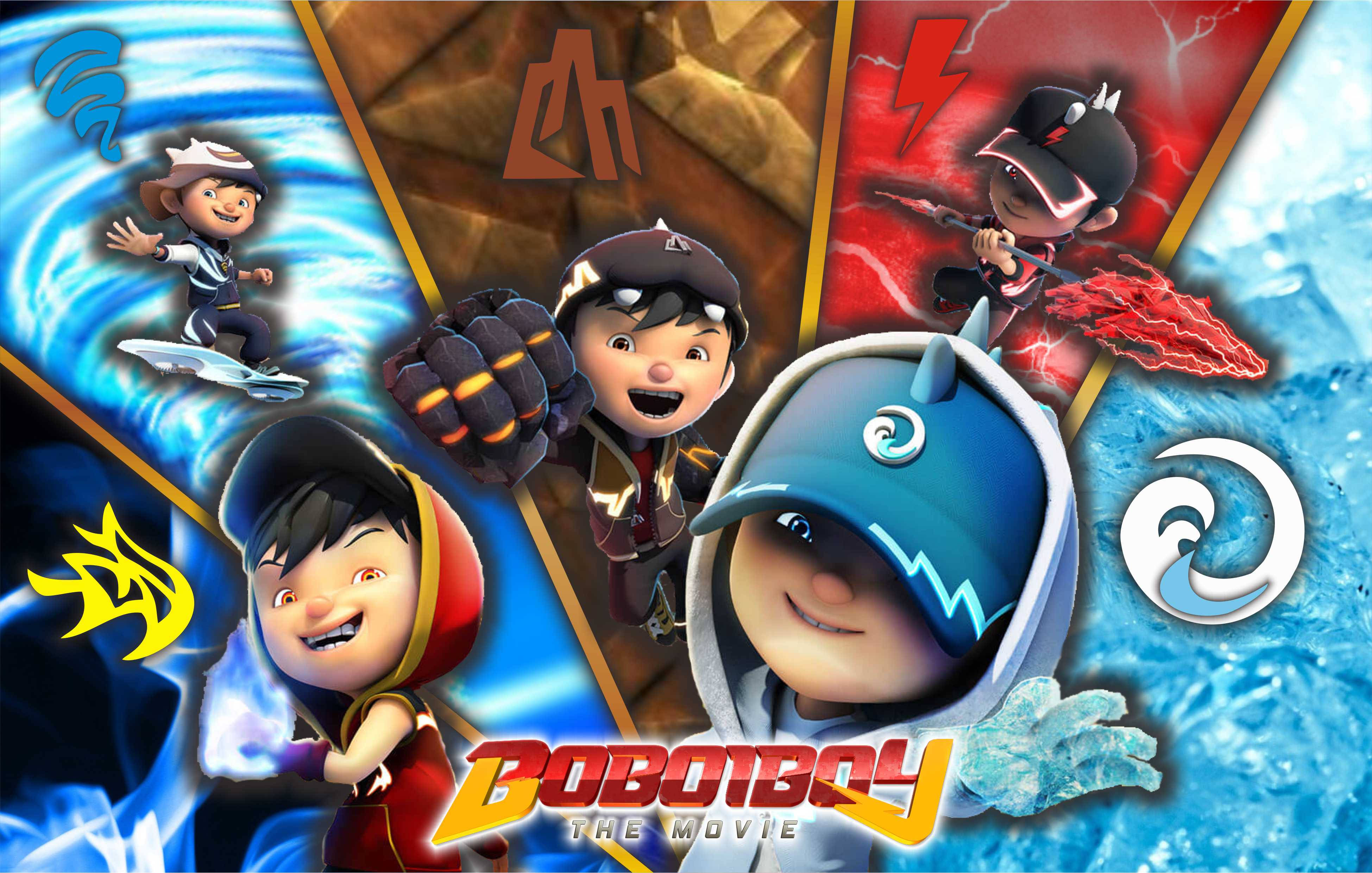 電影動圖 桌布 壁紙 — 為《Boboiboy the Movie》設計的充滿活力的動畫海報，展示五位擁有元素力量的英雄，擺出動態的動作姿勢。