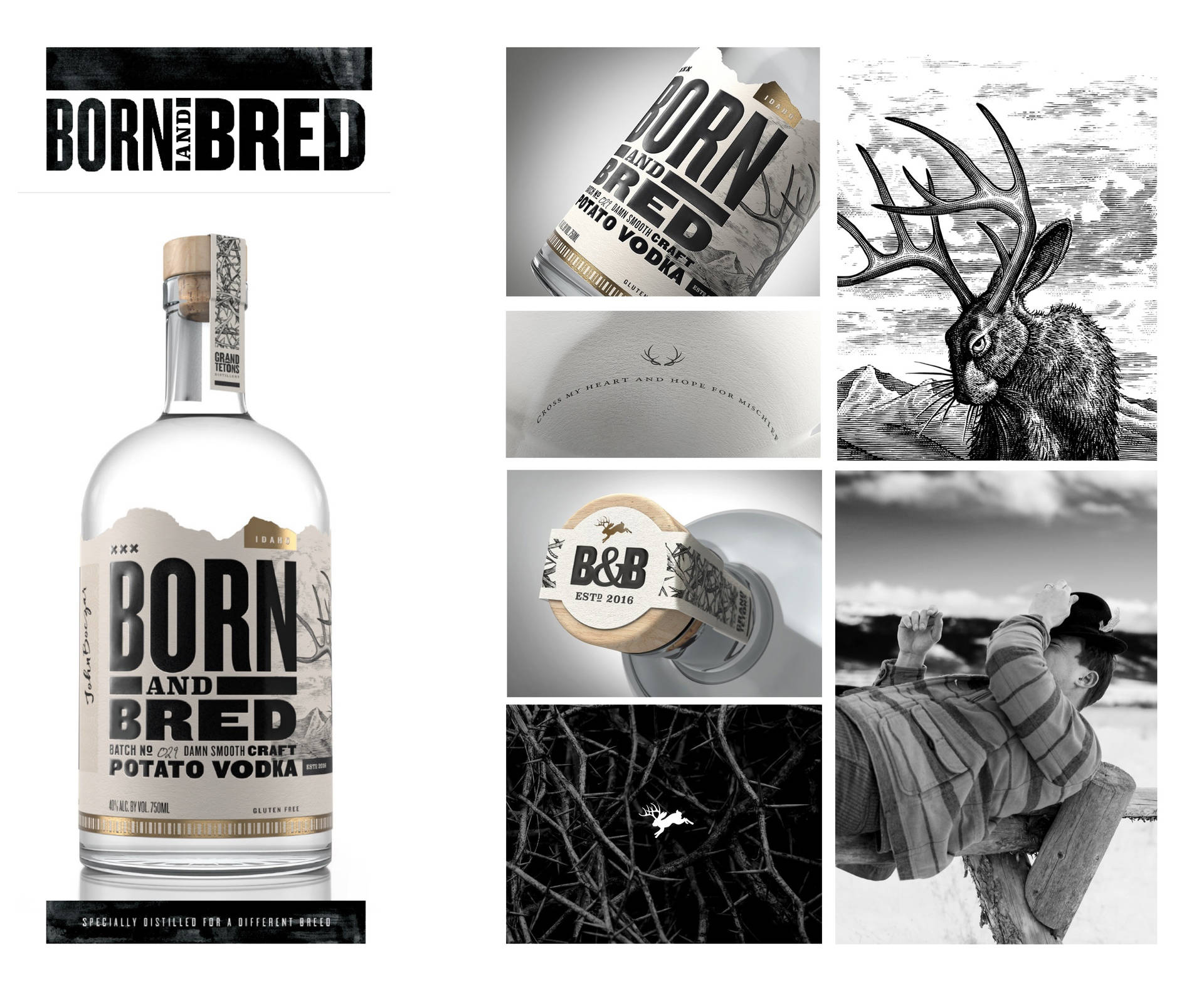 黑白 桌布 壁紙 — 為 Born and Bred 馬鈴薯伏特加設計的極簡黑白品牌拼貼，包含酒瓶照片、鹿插圖和一位穿著冬季裝備的男子。