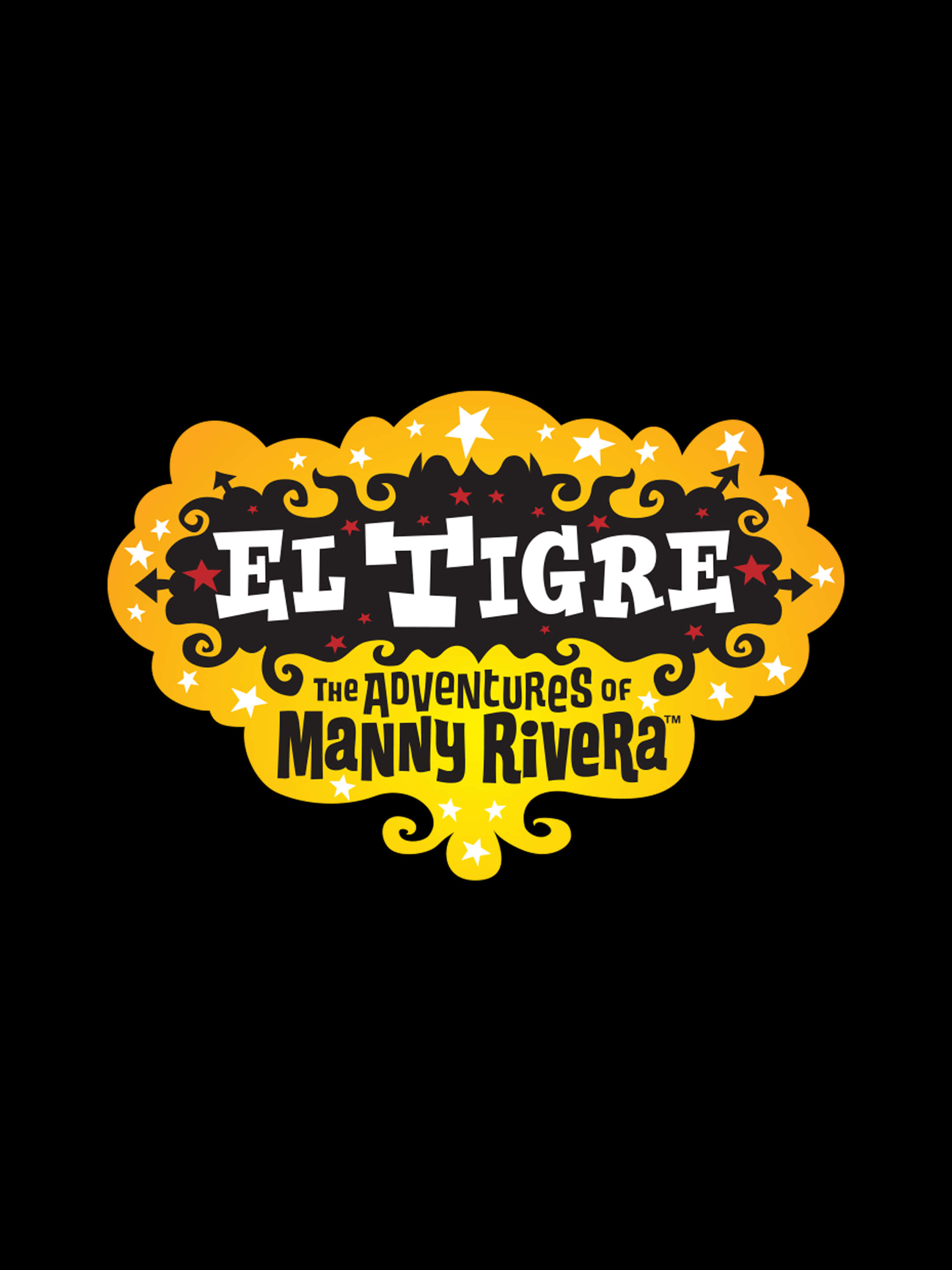 Digital 桌布 壁紙 — 為《El Tigre The Adventures of Manny Rivera》設計的大膽卡通標誌，帶有黃色漩渦、星星和紅色點綴，背景為黑色。