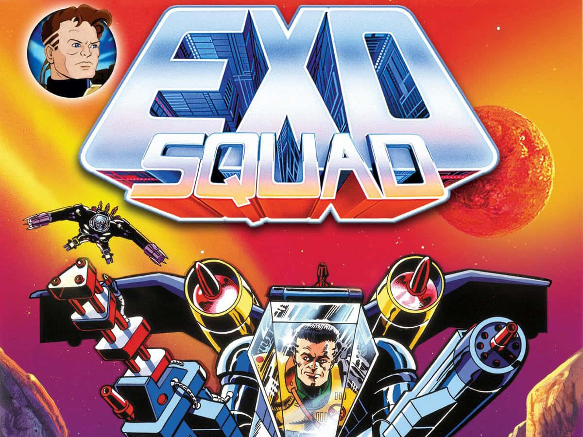poster 桌布 壁紙 — 為 Exo Squad 設計的充滿活力的復古未來主義動畫海報，以機甲飛行員和太空船為特色，背景是熾熱的外星行星。