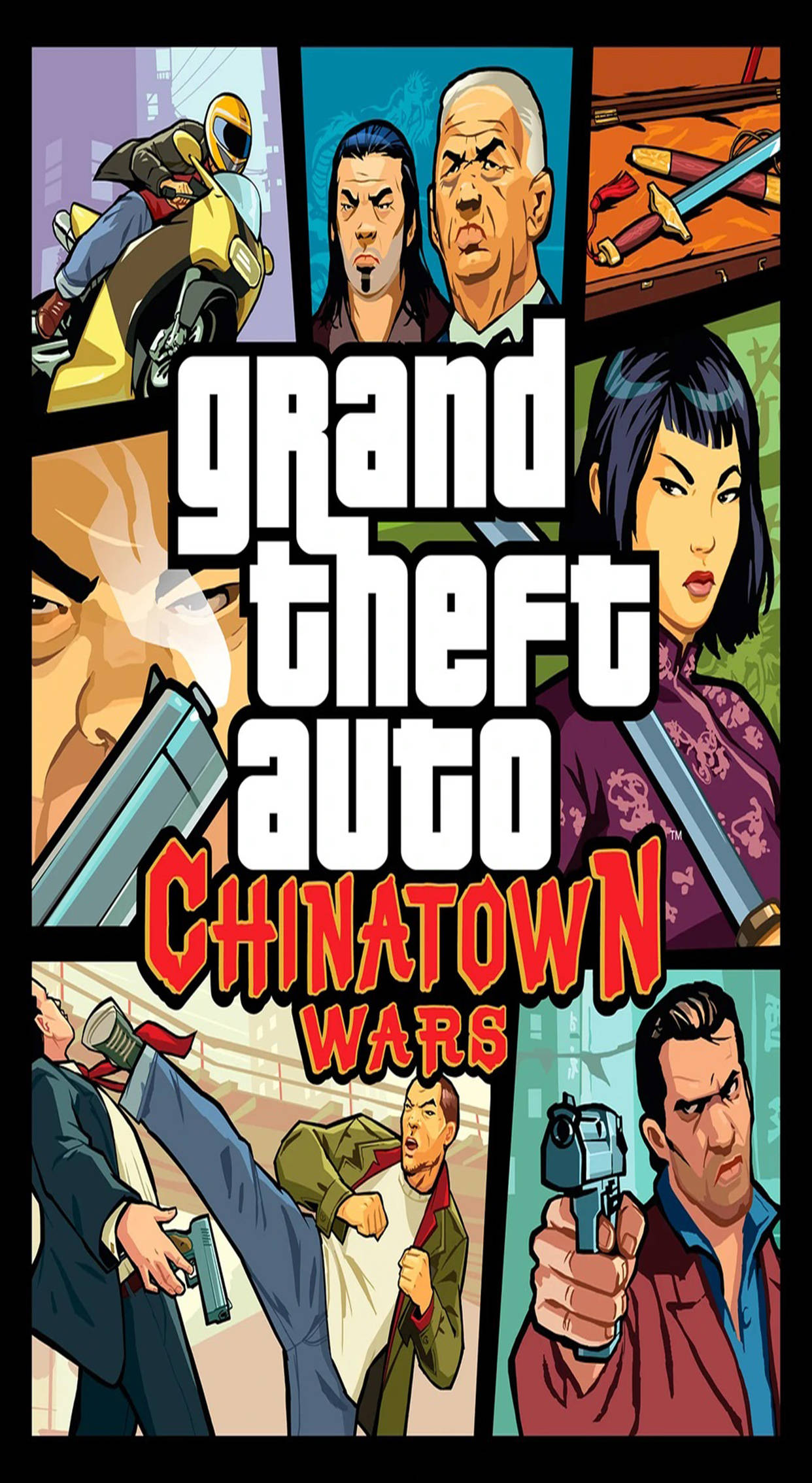gta iPhone 桌布 壁紙 — 為《Grand Theft Auto Chinatown Wars》設計的鮮明漫畫風格海報，角色持槍與機車，呈現 gritty 城市拼貼感。