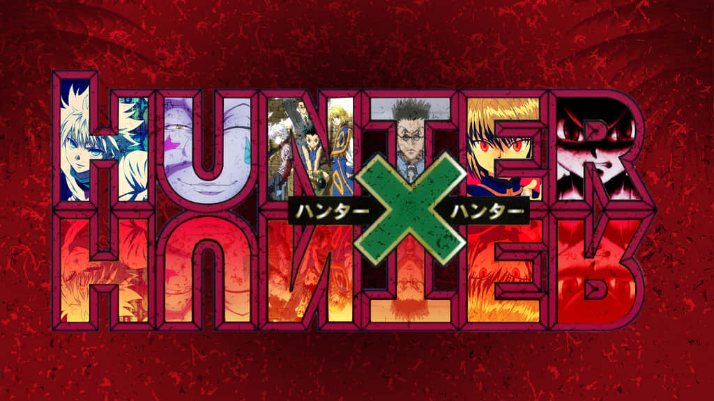 獵人 x 獵人 桌布 壁紙 — 為《Hunter x Hunter》設計的醒目紅橙色動畫標誌，在紋理背景上以風格化字體呈現角色肖像。