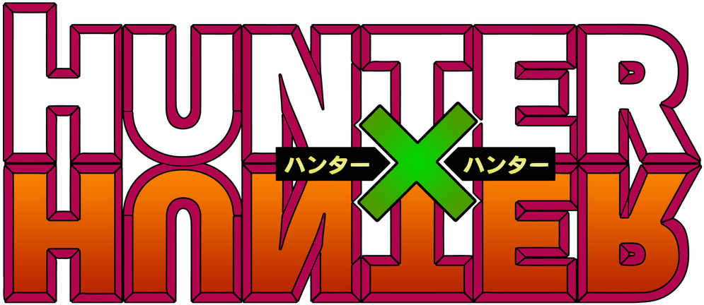 獵人 x 獵人 桌布 壁紙 — 為 Hunter x Hunter 設計的大膽 3D 渲染標誌，帶有白色、洋紅色和橙色漸變文字以及綠色十字架。