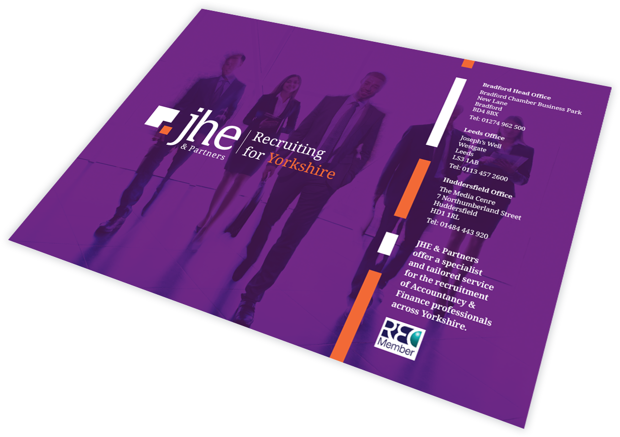 設計 桌布 壁紙 — 為 JHE & Partners 設計的傾斜紫色商業手冊，包含剪影專業人士和辦公室聯絡詳情。