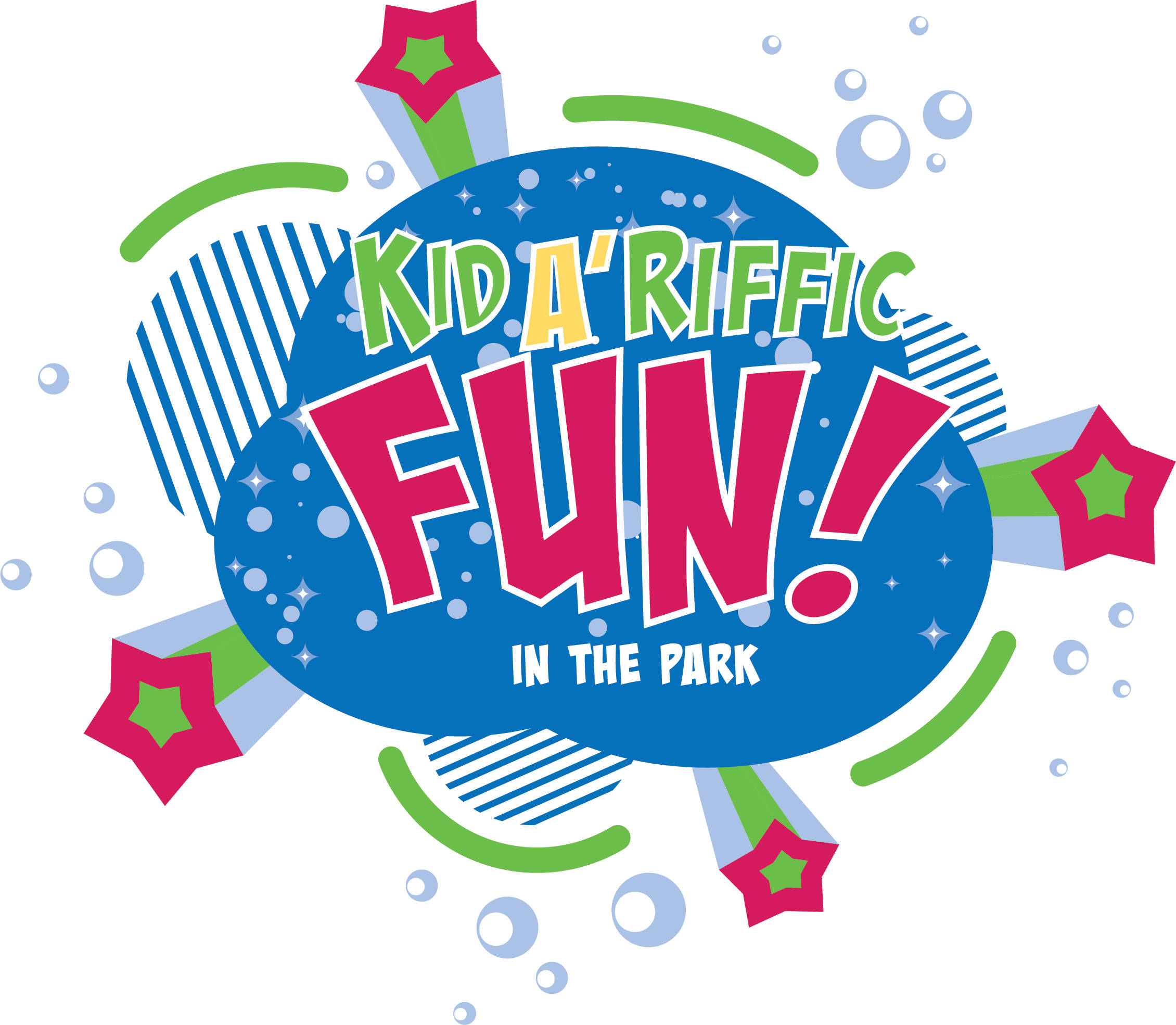 小孩動圖 桌布 壁紙 — 為「Kida Riffic Fun! in the Park」設計的鮮豔圖形標誌，帶有鮮明的彩色形狀和俏皮的氣泡。
