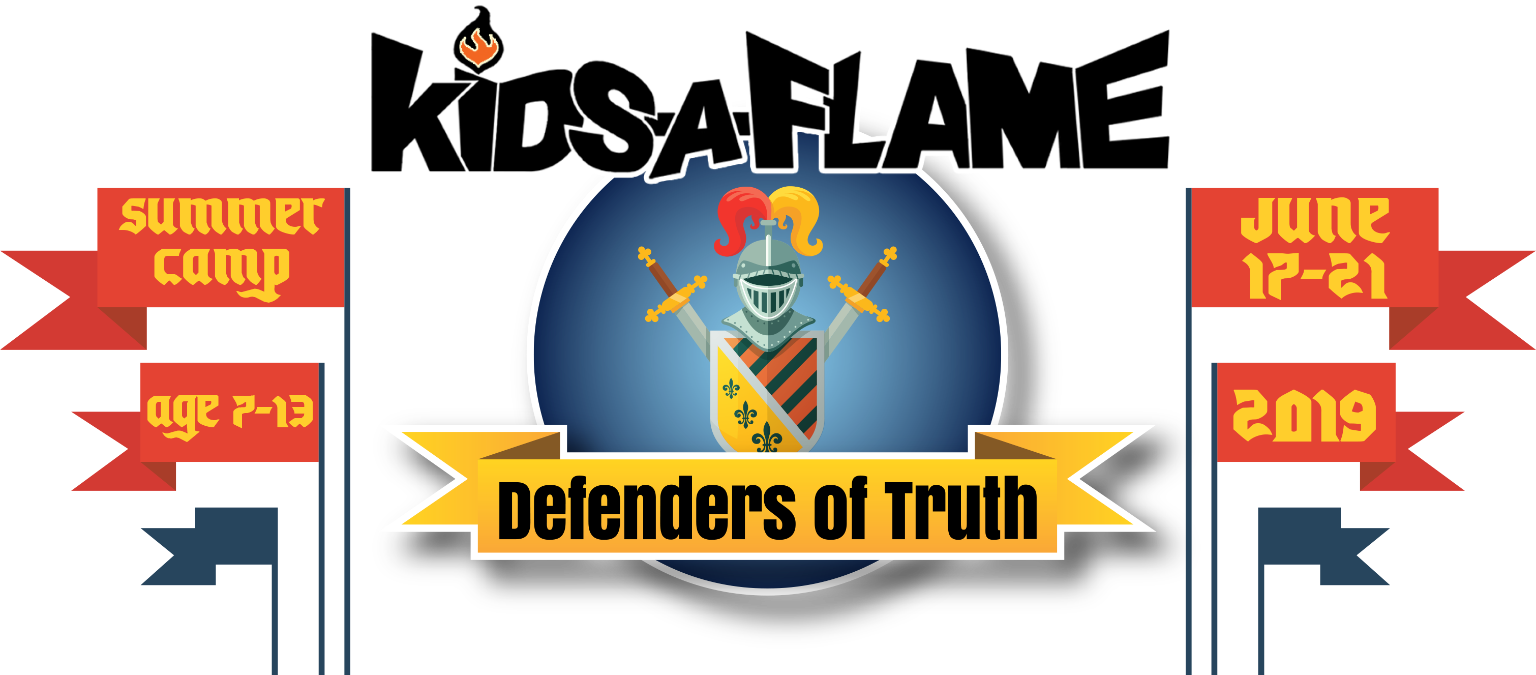 六月 桌布 壁紙 — 為 Kids A Flame 夏令營設計的大膽圖形，特色是身穿盔甲的騎士，手持交叉的劍和盾牌，背景為藍色。