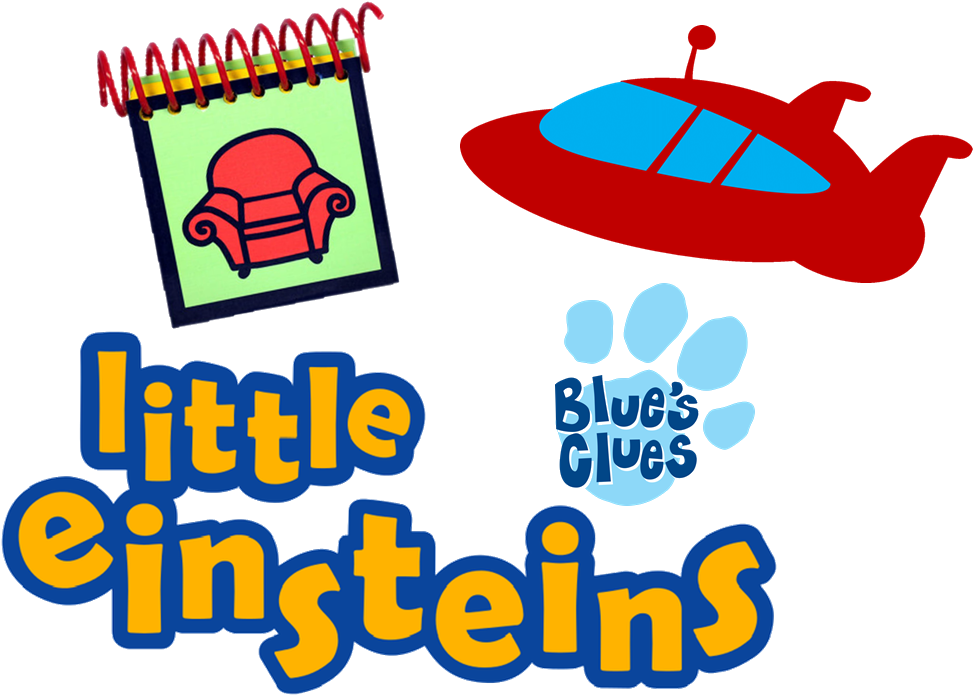 Blues Clues 桌布 壁紙 — 為『Little Einsteins』設計的鮮豔卡通標誌，包含紅色扶手椅、紅色太空船和藍色腳印，並附有標題文字。