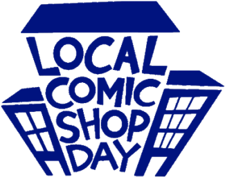 購物 桌布 壁紙 — 為 Local Comic Shop Day 設計的醒目藍色圖形標誌，形狀像漫畫書店，帶有風格化的窗戶和文字。
