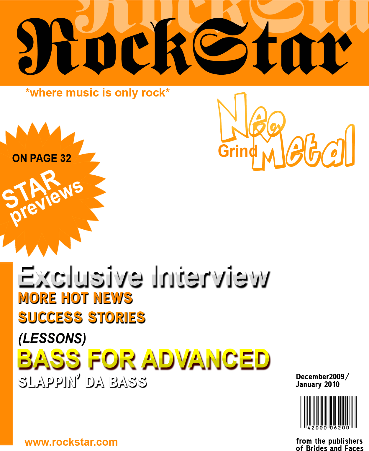 雜誌 桌布 壁紙 — 為 'RockStar' 設計的大膽雜誌封面，採用橙色和黑色設計，包含 'Neo Grind Metal' 和貝斯教學標題。