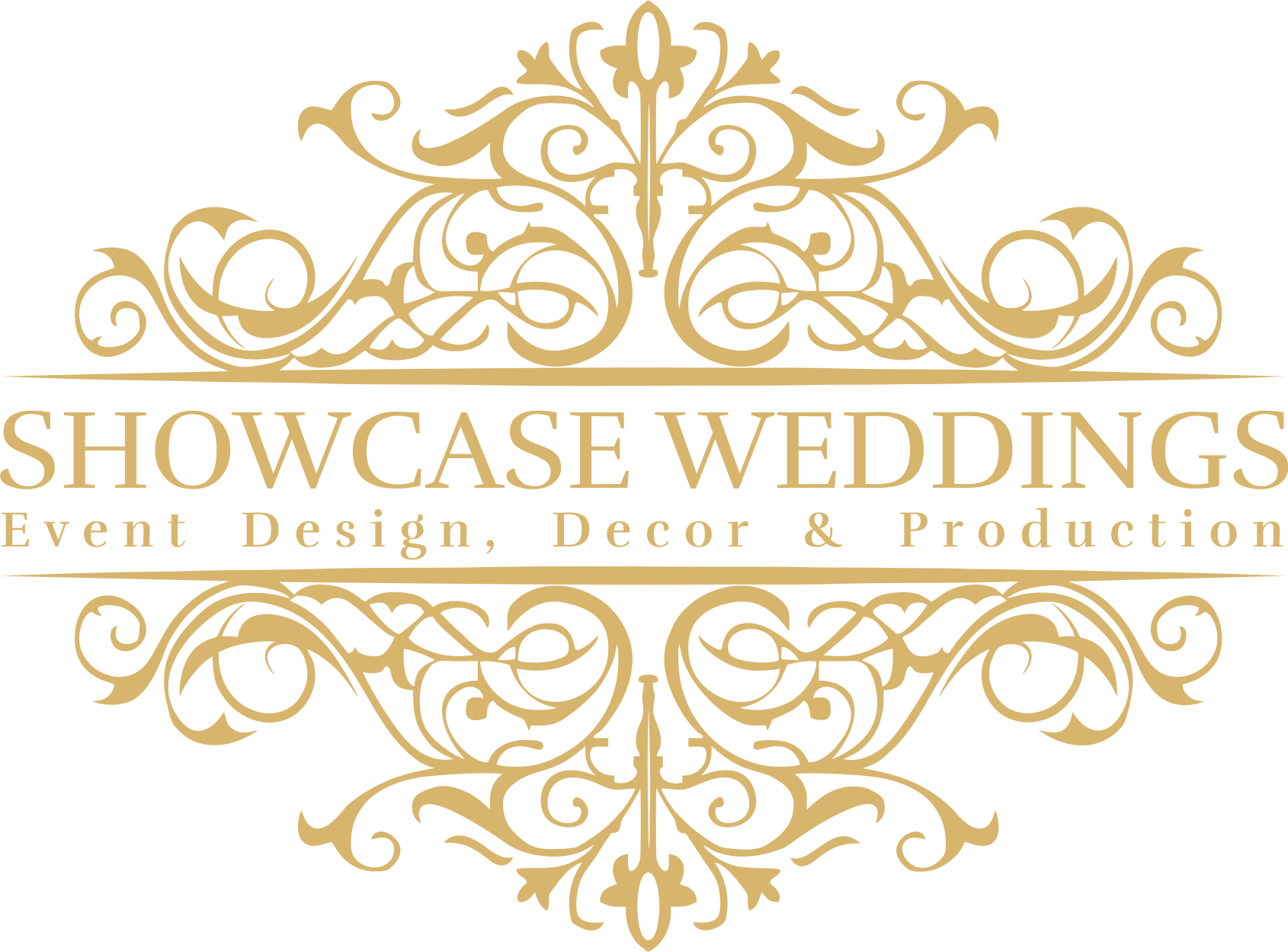 標誌 桌布 壁紙 — 為 Showcase Weddings 設計的優雅金色華麗標誌，帶有精緻的漩渦花飾和襯線字體，背景為白色。