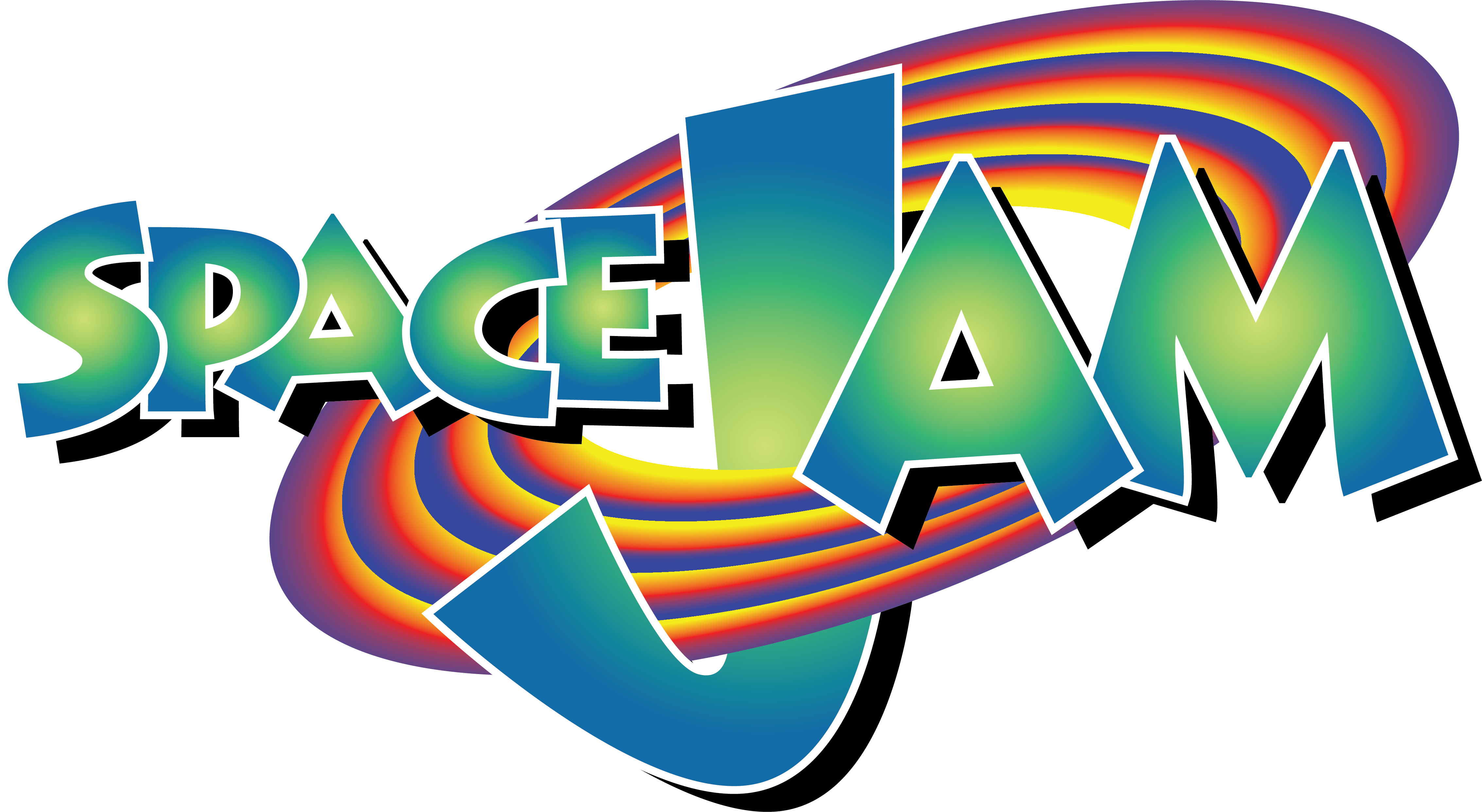 電影 桌布 壁紙 — 為 Space Jam 設計的充滿活力的復古標誌，帶有彩虹漩渦和粗體 3D 字體，白色背景。