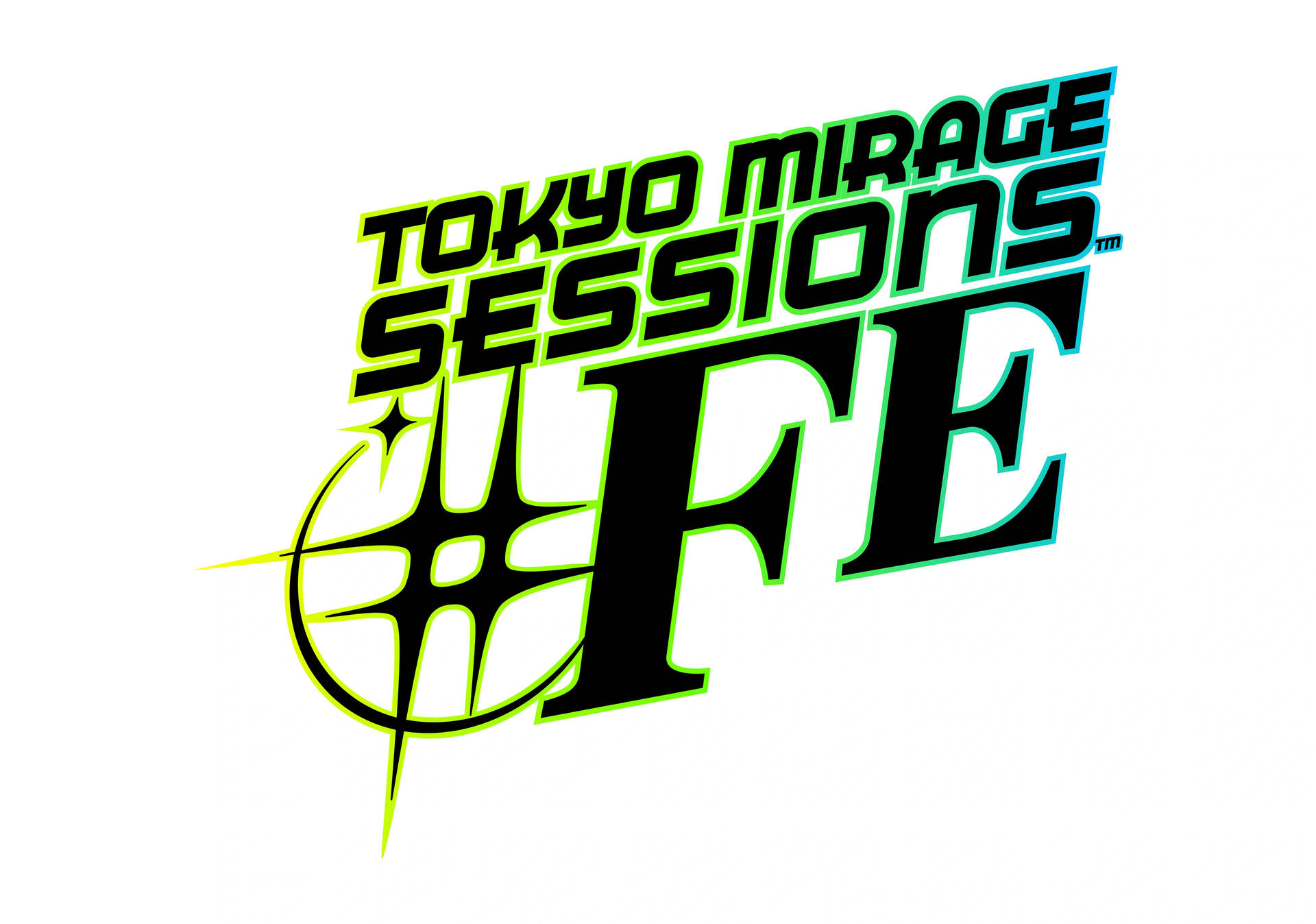 《Tokyo Mirage Sessions FE》遊戲標誌，帶有螢光綠和青色點綴。 — 東京迷幻 sessions 壁紙