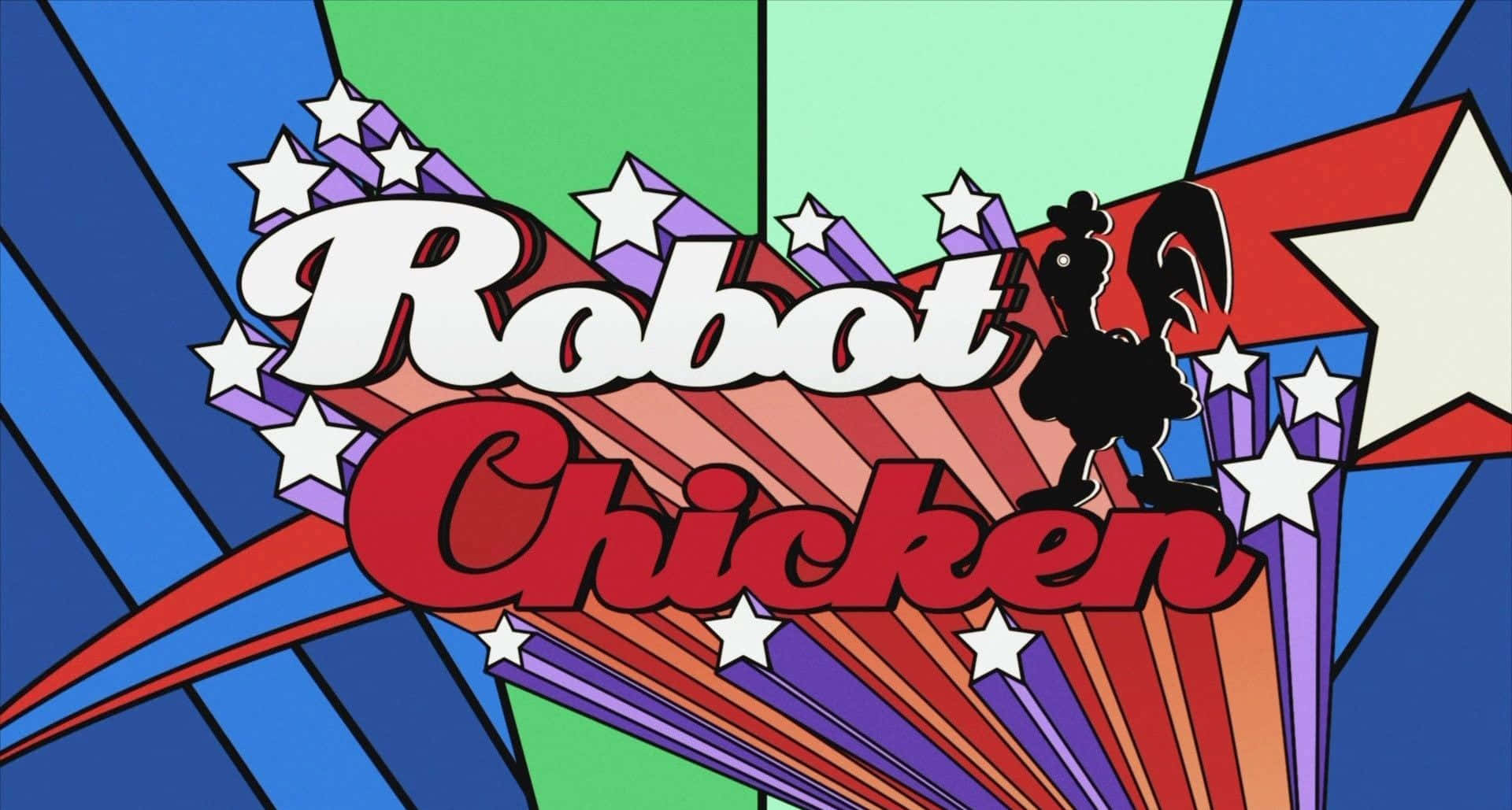 Cartoon Robot 桌布 壁紙 — 為《機械雞》設計的大膽卡通標誌，黑色雞剪影襯托著紅、藍、綠色的鮮豔星爆背景。