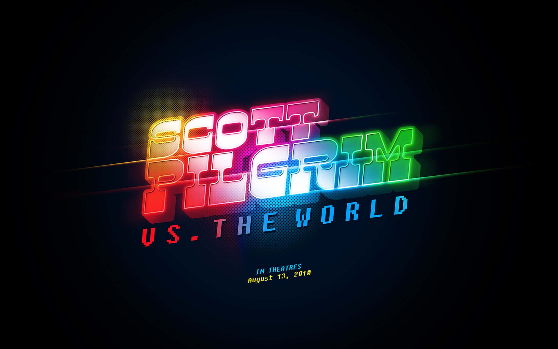scott pilgrim 桌布 壁紙 — 為《歪小子史考特對抗全世界》設計的鮮豔霓虹漸變3D文字，在黑暗背景上閃耀著光線條紋。