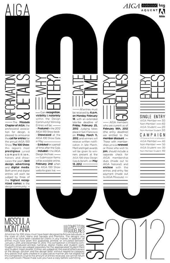 Minimalist Typography 桌布 壁紙 — 為AIGA 100 Show 2012比賽設計的大膽字體海報，採用垂直文字區塊和簡潔的無襯線字體。